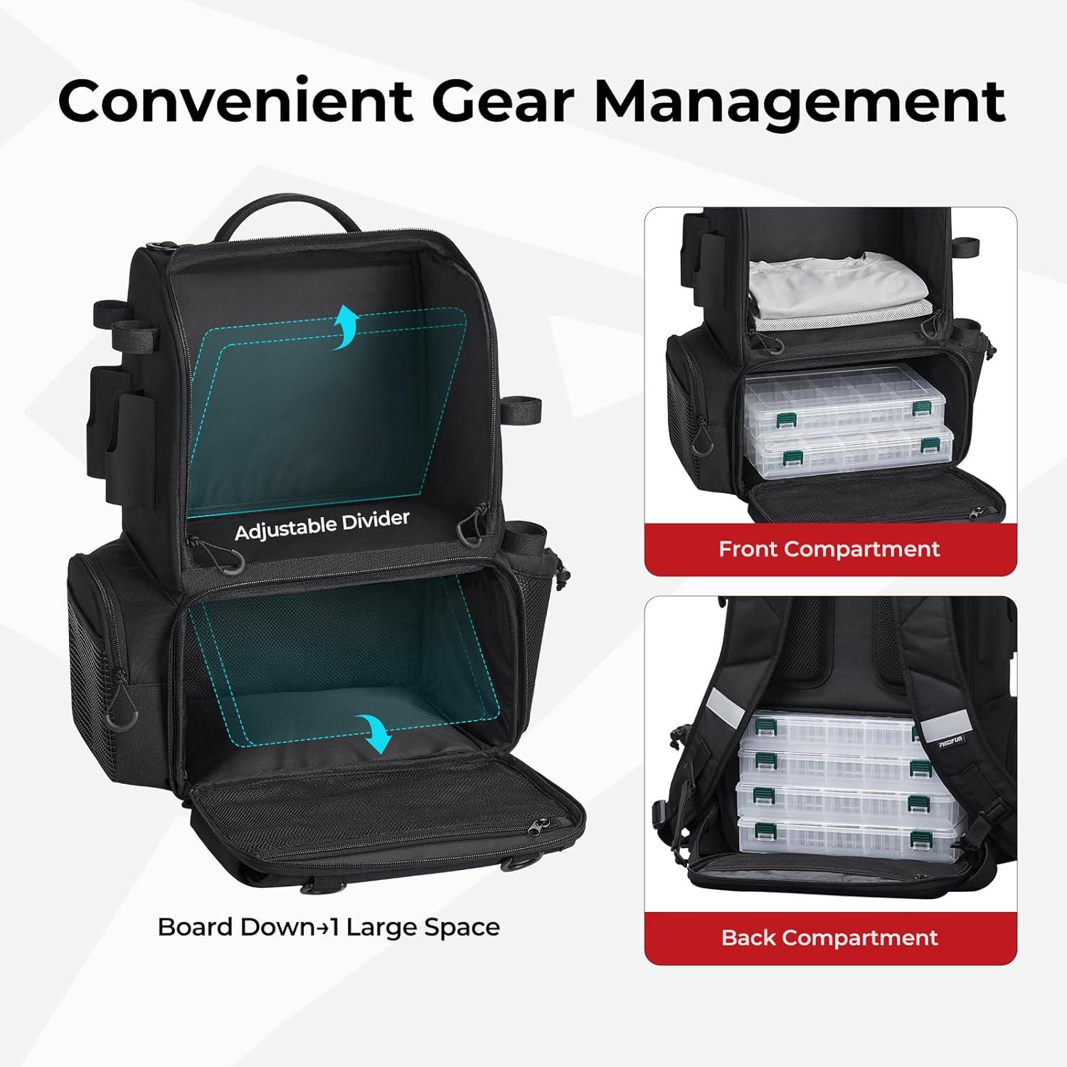 imagePiscifun 52L Fishing Tackle Backpack with Rod Holders ampamp 4 Tackle Boxes Large Tackle Bag for Gear Storage with Rain CoverBlack