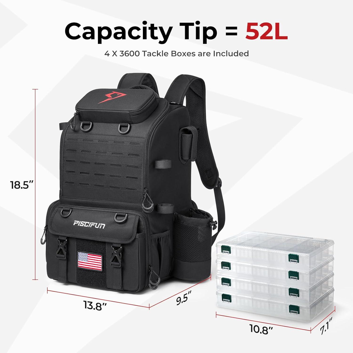 imagePiscifun 52L Fishing Tackle Backpack with Rod Holders ampamp 4 Tackle Boxes Large Tackle Bag for Gear Storage with Rain CoverBlack