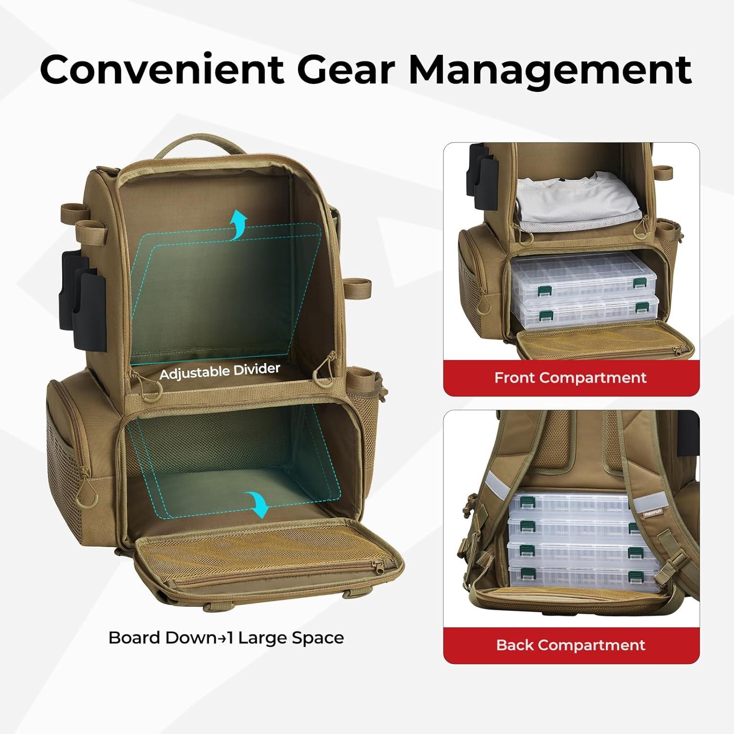 imagePiscifun 52L Fishing Tackle Backpack with Rod Holders ampamp 4 Tackle Boxes Large Tackle Bag for Gear Storage with Rain CoverKhaki