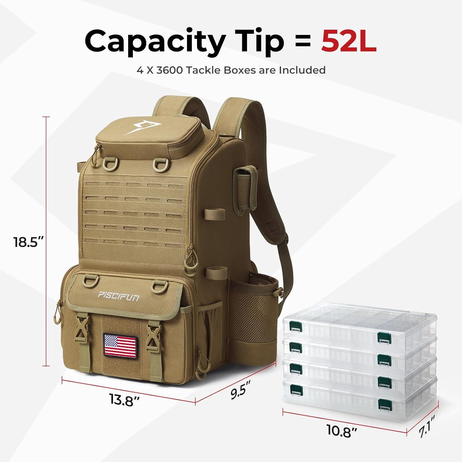 imagePiscifun 52L Fishing Tackle Backpack with Rod Holders ampamp 4 Tackle Boxes Large Tackle Bag for Gear Storage with Rain CoverKhaki