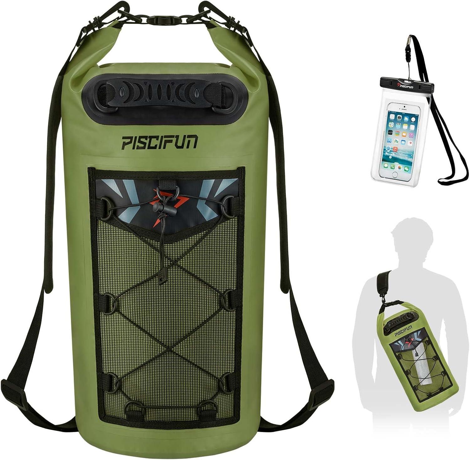 imagePiscifun Dry Bag Waterproof Floating Backpack 10L20L30L40L with Waterproof Phone Case for Boating Kayaking FishingArmy Green