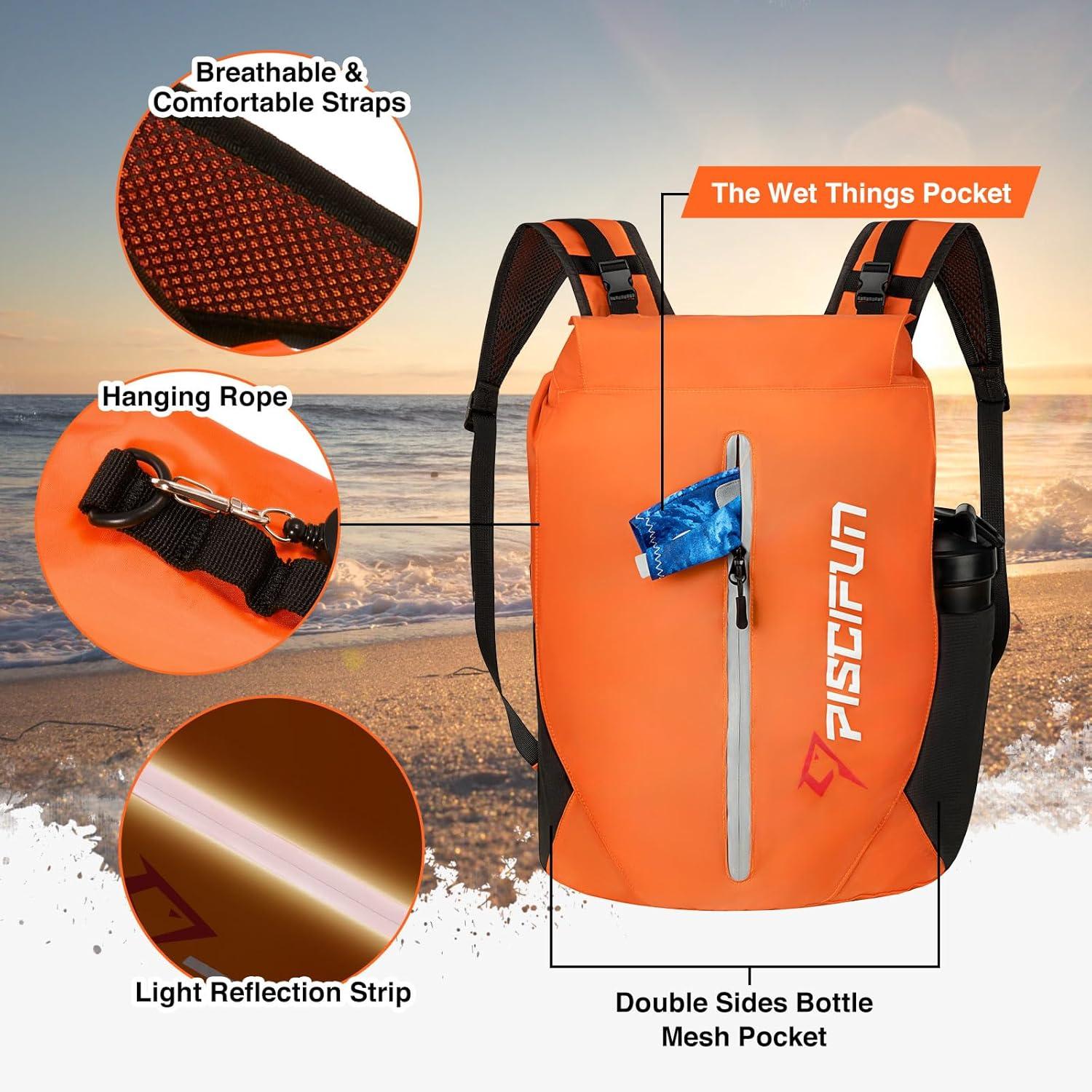 imagePiscifun Dry Bag Waterproof Lightweight Dry Backpack RollTop Sealed with Waist Pouch and Phone Case Keeps Gear Dry Inside for Kayaking Boating 10L 20L 30LOrange