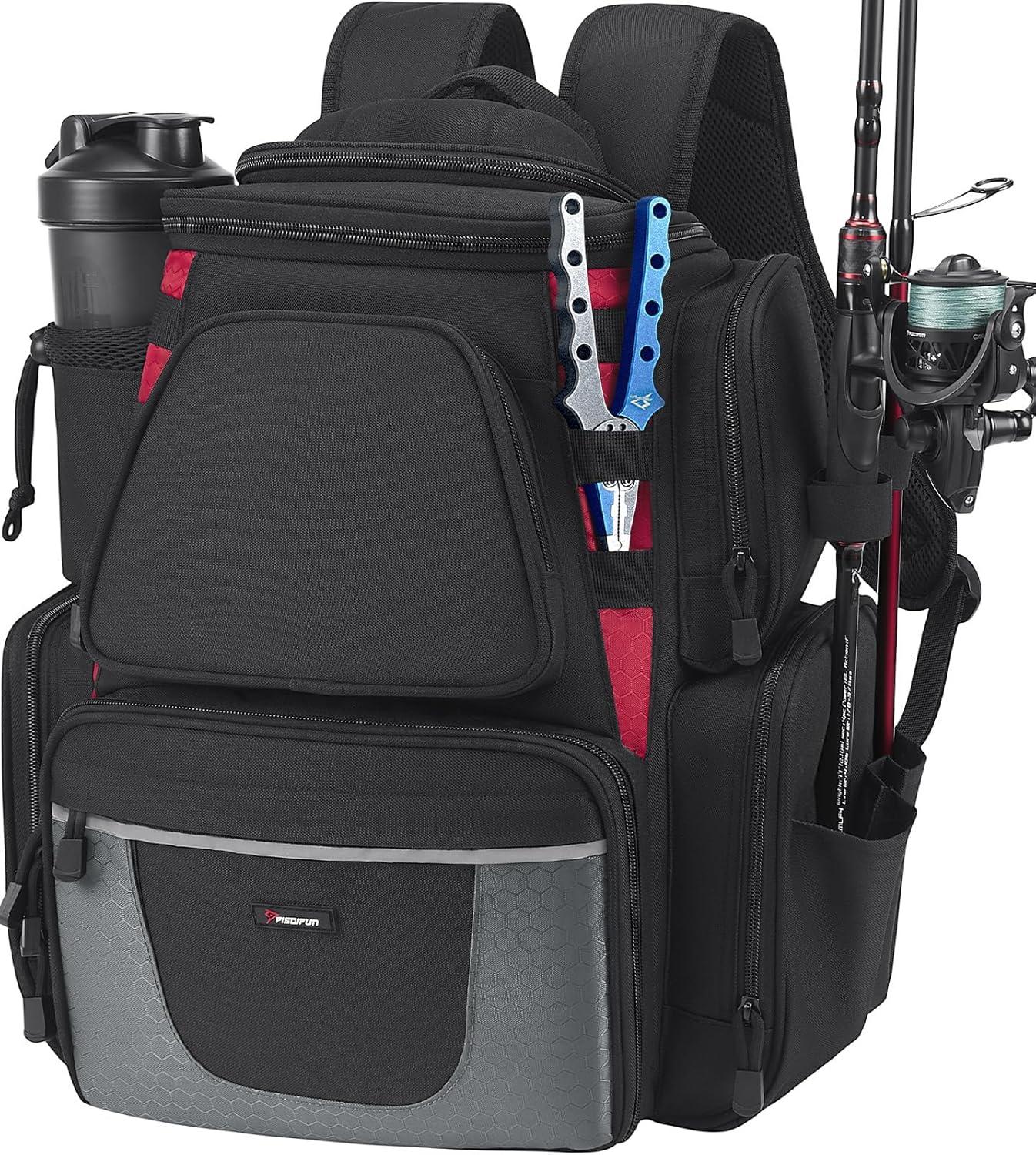 imagePiscifun Fishing Backpack with 2 Rod Holders ampamp 4 Tackle Boxes Large Tackle Storage Bag With Rain Cover for Fishing GearBlack