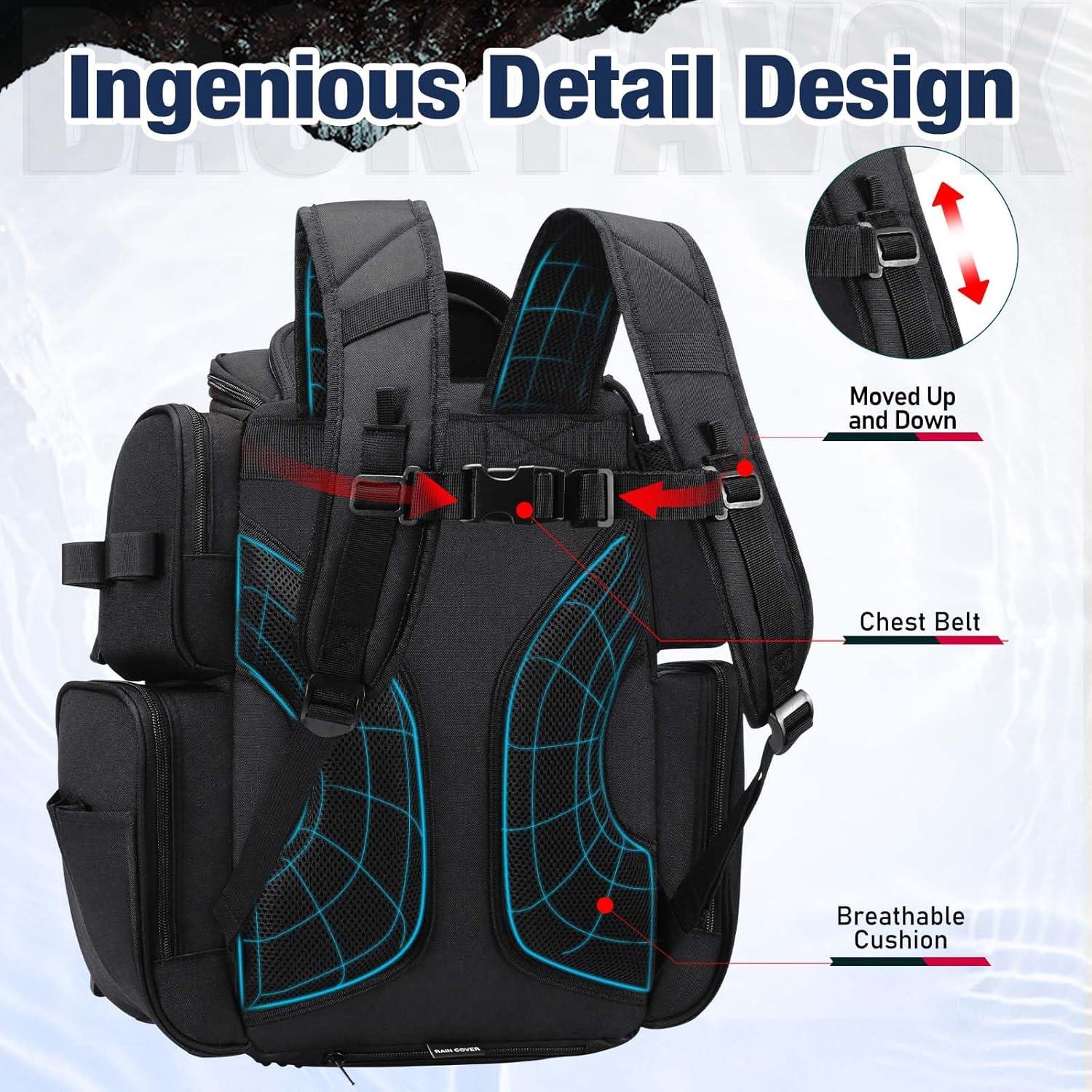 imagePiscifun Fishing Backpack with 2 Rod Holders ampamp 4 Tackle Boxes Large Tackle Storage Bag With Rain Cover for Fishing GearBlack