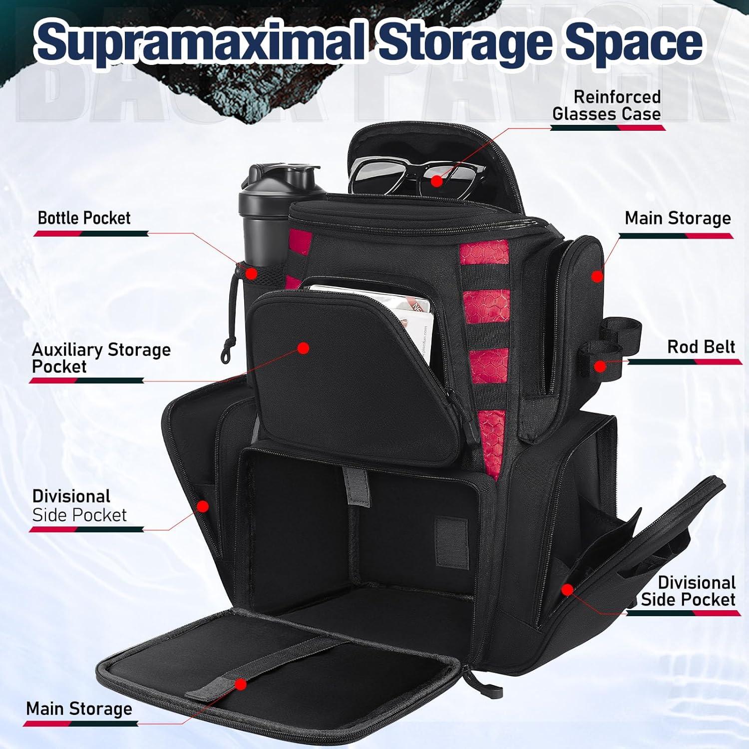 imagePiscifun Fishing Backpack with 2 Rod Holders ampamp 4 Tackle Boxes Large Tackle Storage Bag With Rain Cover for Fishing GearBlack