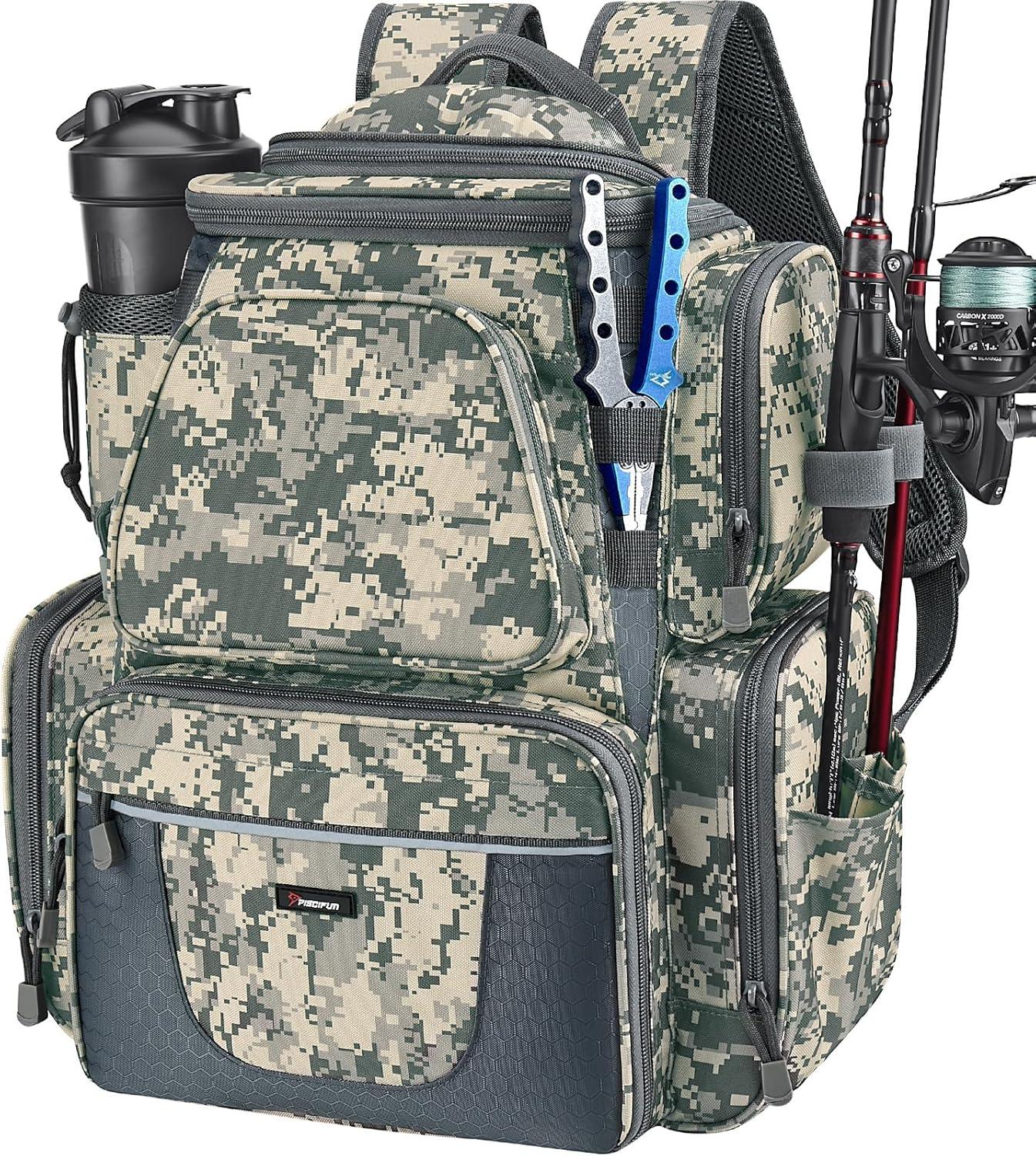 imagePiscifun Fishing Backpack with 2 Rod Holders ampamp 4 Tackle Boxes Large Tackle Storage Bag With Rain Cover for Fishing GearDigital Camouflage