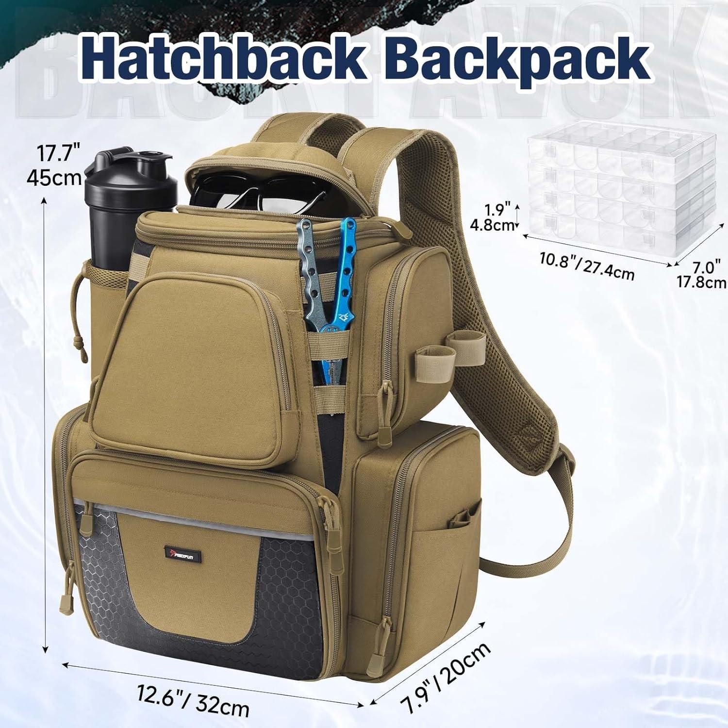 imagePiscifun Fishing Backpack with 2 Rod Holders ampamp 4 Tackle Boxes Large Tackle Storage Bag With Rain Cover for Fishing GearKhaki