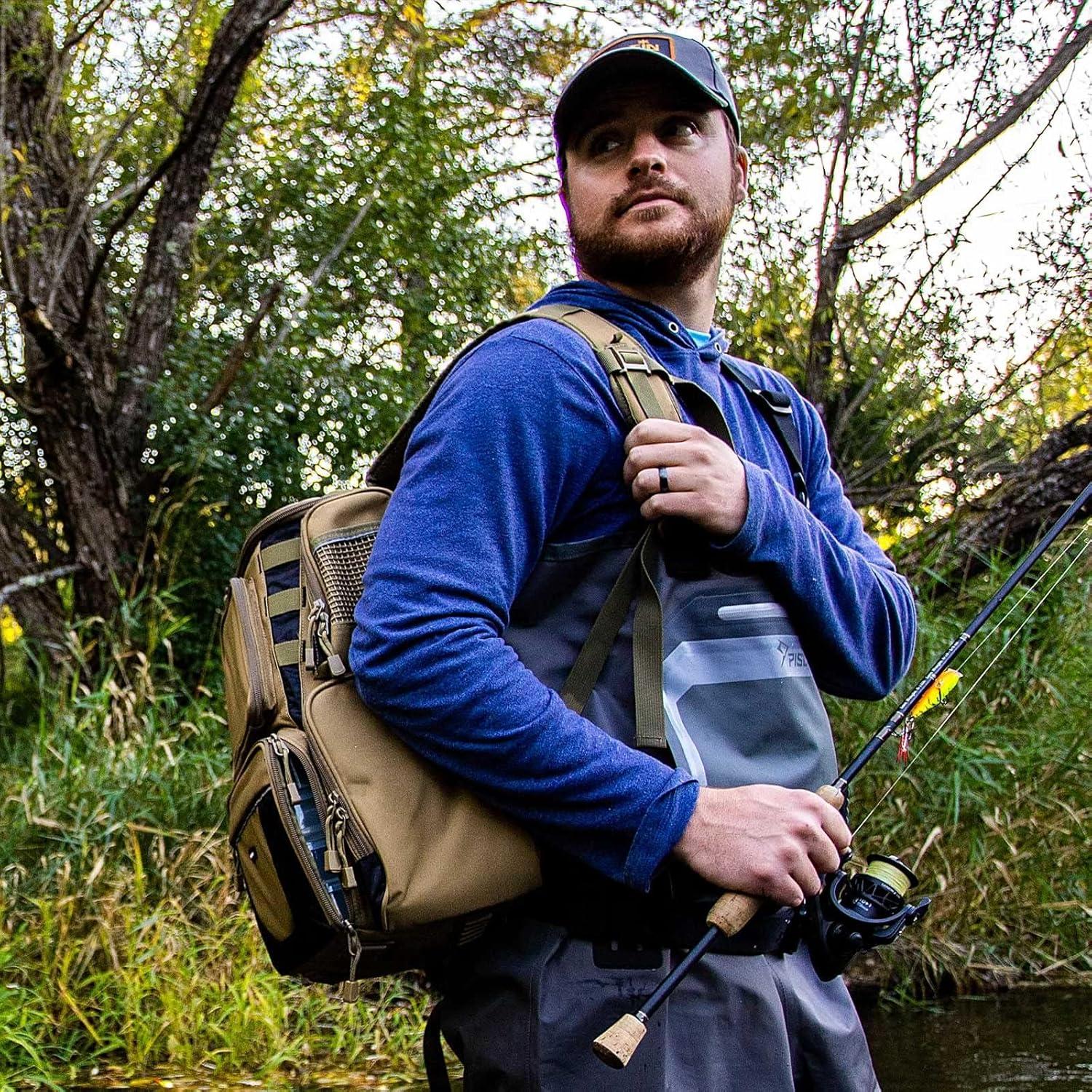 imagePiscifun Fishing Backpack with 2 Rod Holders ampamp 4 Tackle Boxes Large Tackle Storage Bag With Rain Cover for Fishing GearKhaki