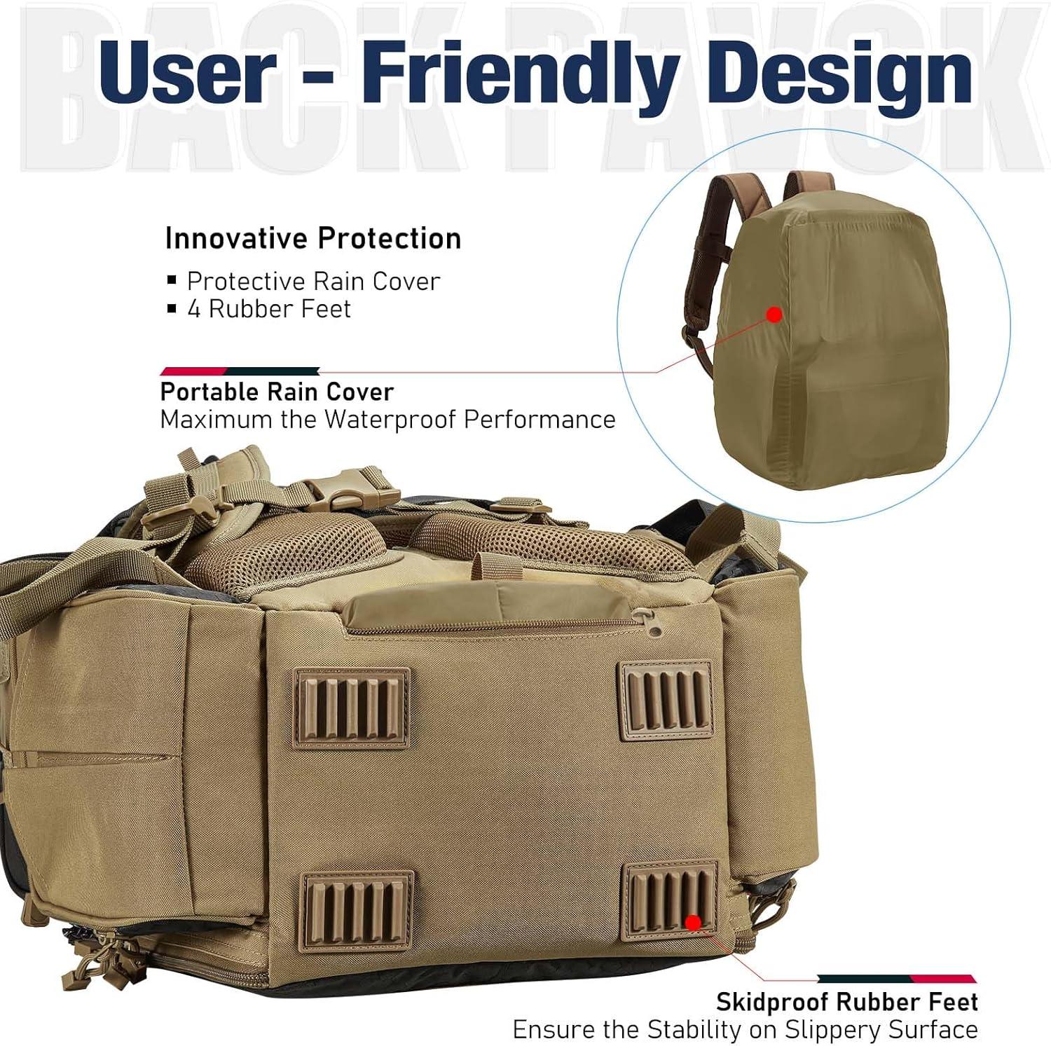 imagePiscifun Fishing Backpack with 2 Rod Holders ampamp 4 Tackle Boxes Large Tackle Storage Bag With Rain Cover for Fishing GearKhaki