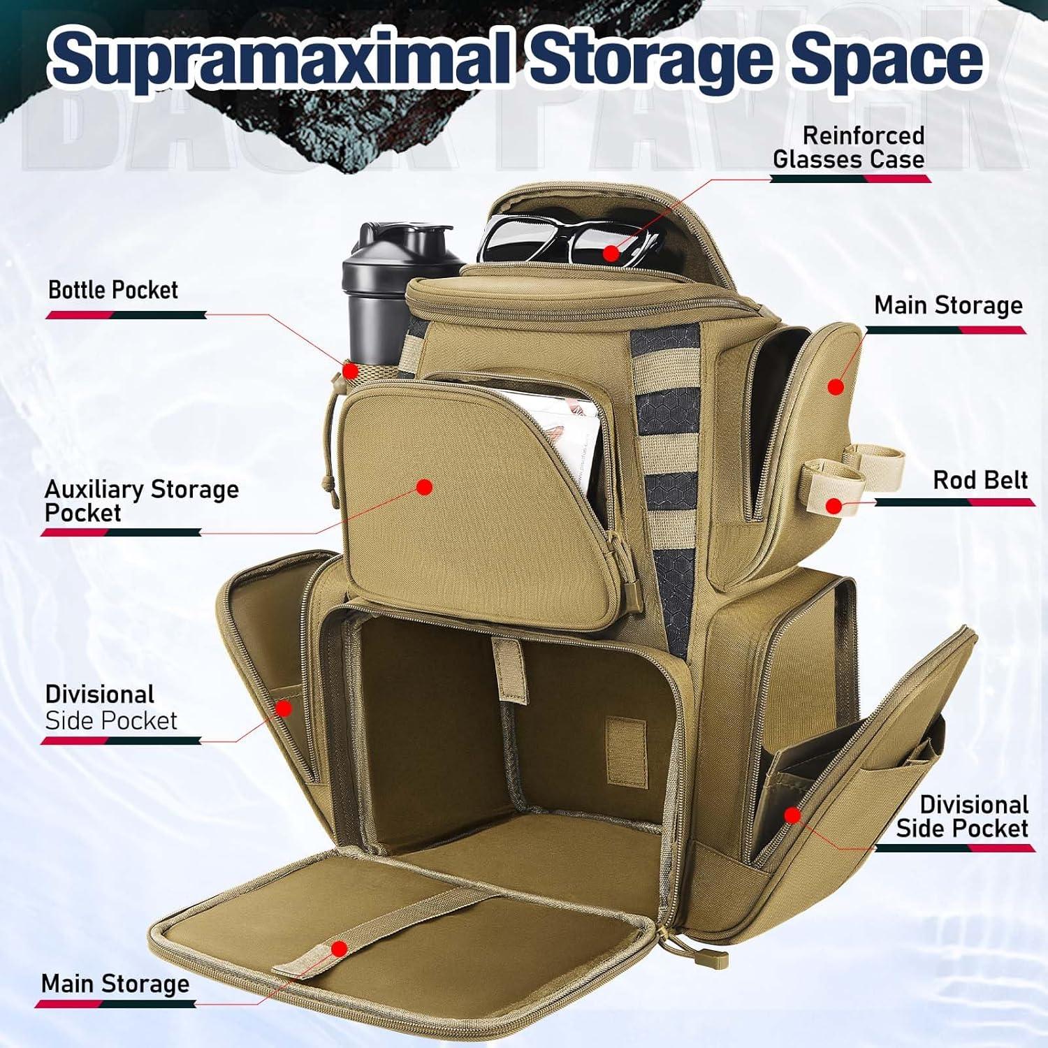 imagePiscifun Fishing Backpack with 2 Rod Holders ampamp 4 Tackle Boxes Large Tackle Storage Bag With Rain Cover for Fishing GearKhaki