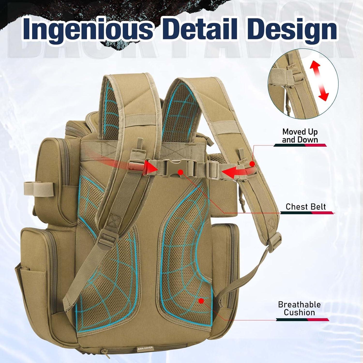 imagePiscifun Fishing Backpack with 2 Rod Holders ampamp 4 Tackle Boxes Large Tackle Storage Bag With Rain Cover for Fishing GearKhaki