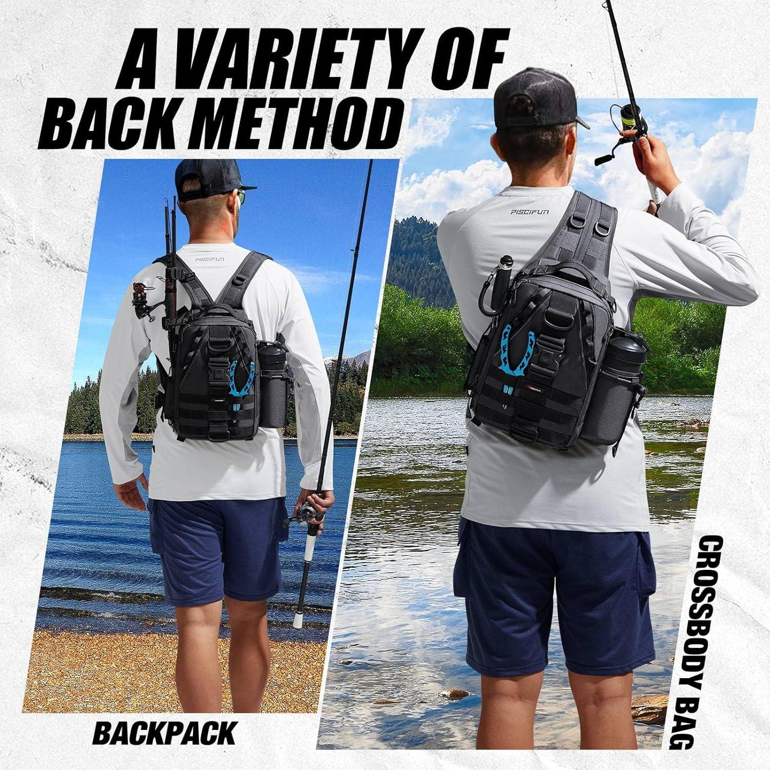 imagePiscifun Fishing Backpack with Rod Holder Lightweight Sling Bag Storge Gear and EquipmentDouble Shoulder Black