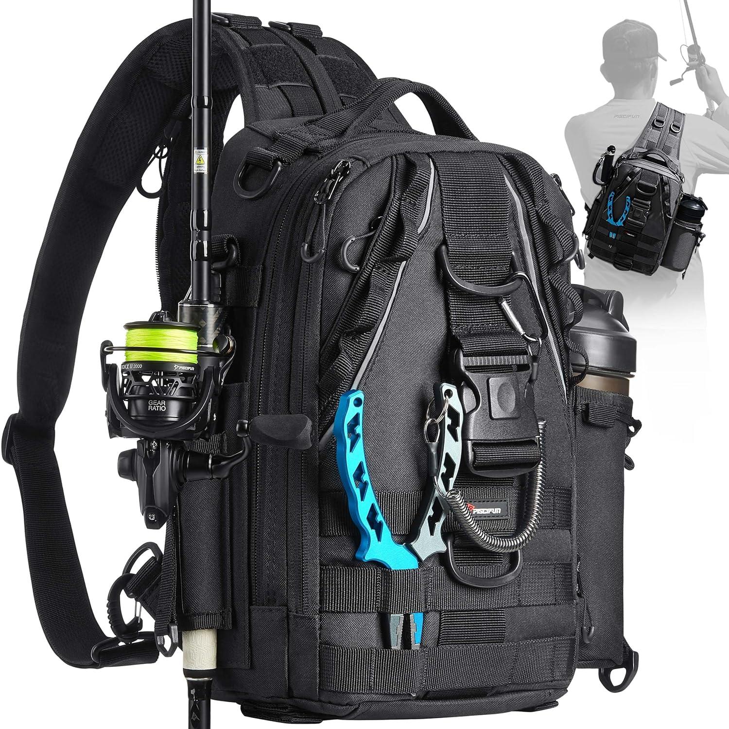 imagePiscifun Fishing Backpack with Rod Holder Lightweight Sling Bag Storge Gear and EquipmentDouble Shoulder Black