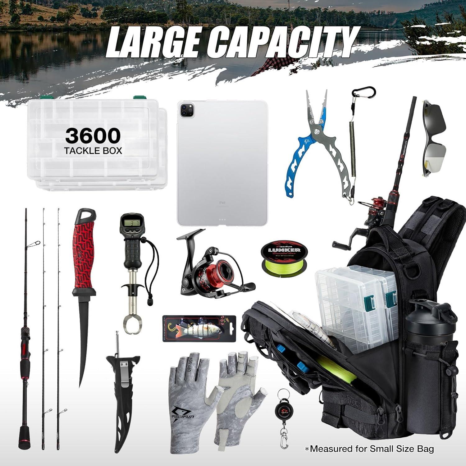 imagePiscifun Fishing Backpack with Rod Holder Lightweight Sling Bag Storge Gear and EquipmentDouble Shoulder Black