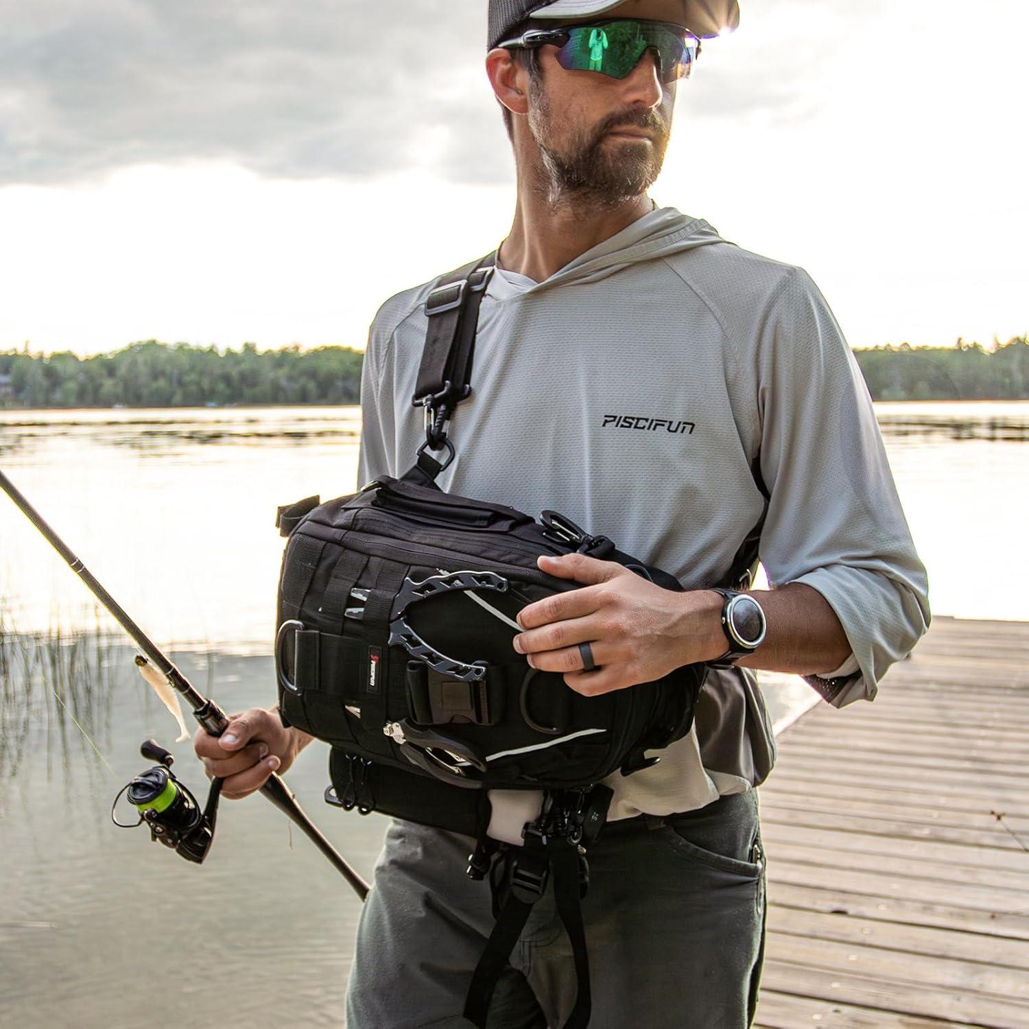 imagePiscifun Fishing Backpack with Rod Holder Lightweight Sling Bag Storge Gear and EquipmentDouble Shoulder Black