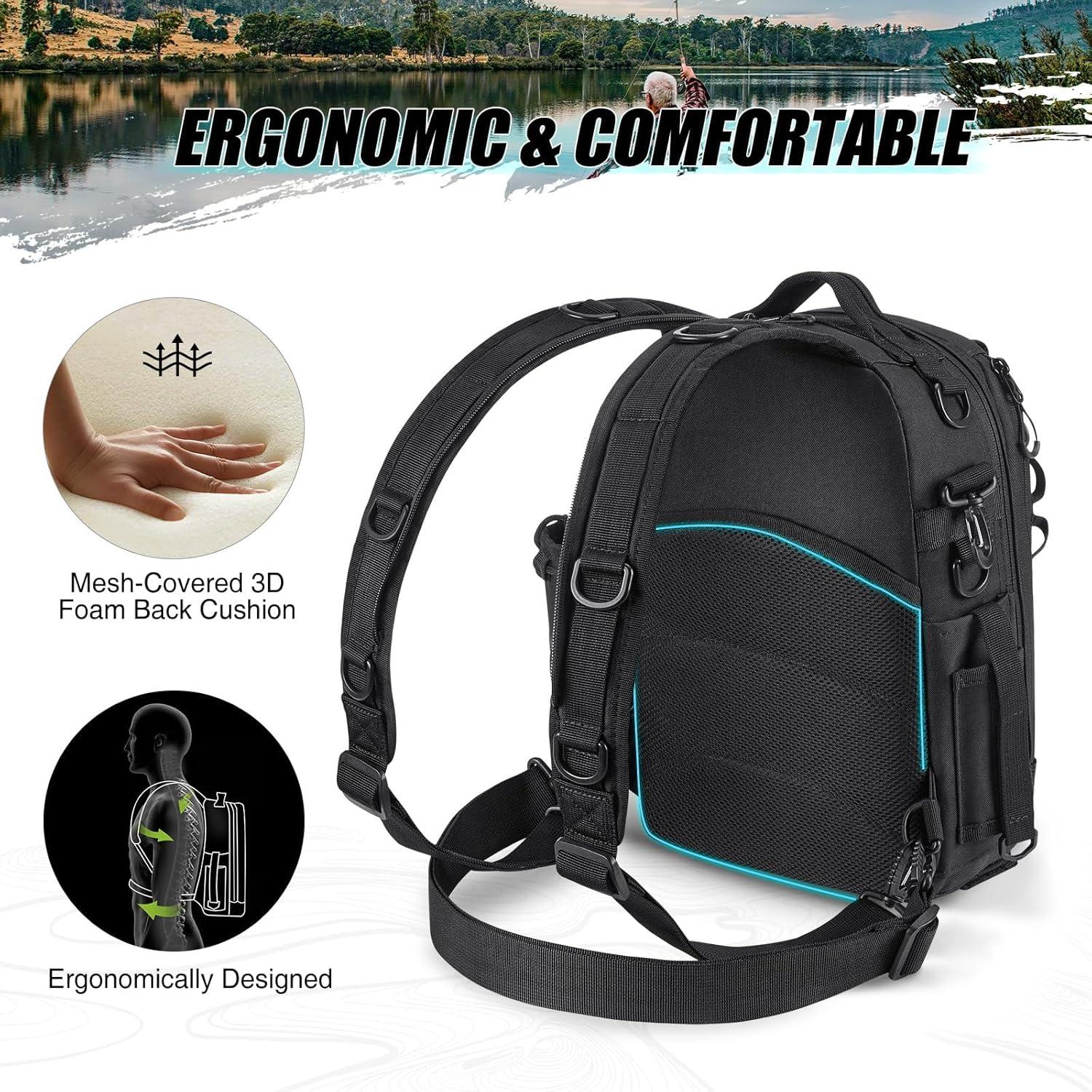 imagePiscifun Fishing Backpack with Rod Holder Lightweight Sling Bag Storge Gear and EquipmentDouble Shoulder Black