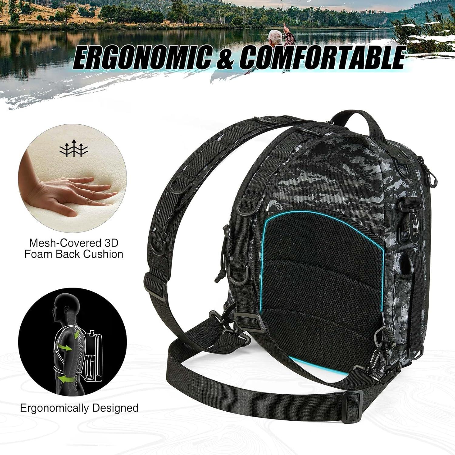 imagePiscifun Fishing Backpack with Rod Holder Lightweight Sling Bag Storge Gear and EquipmentDouble Shoulder Black Camouflage