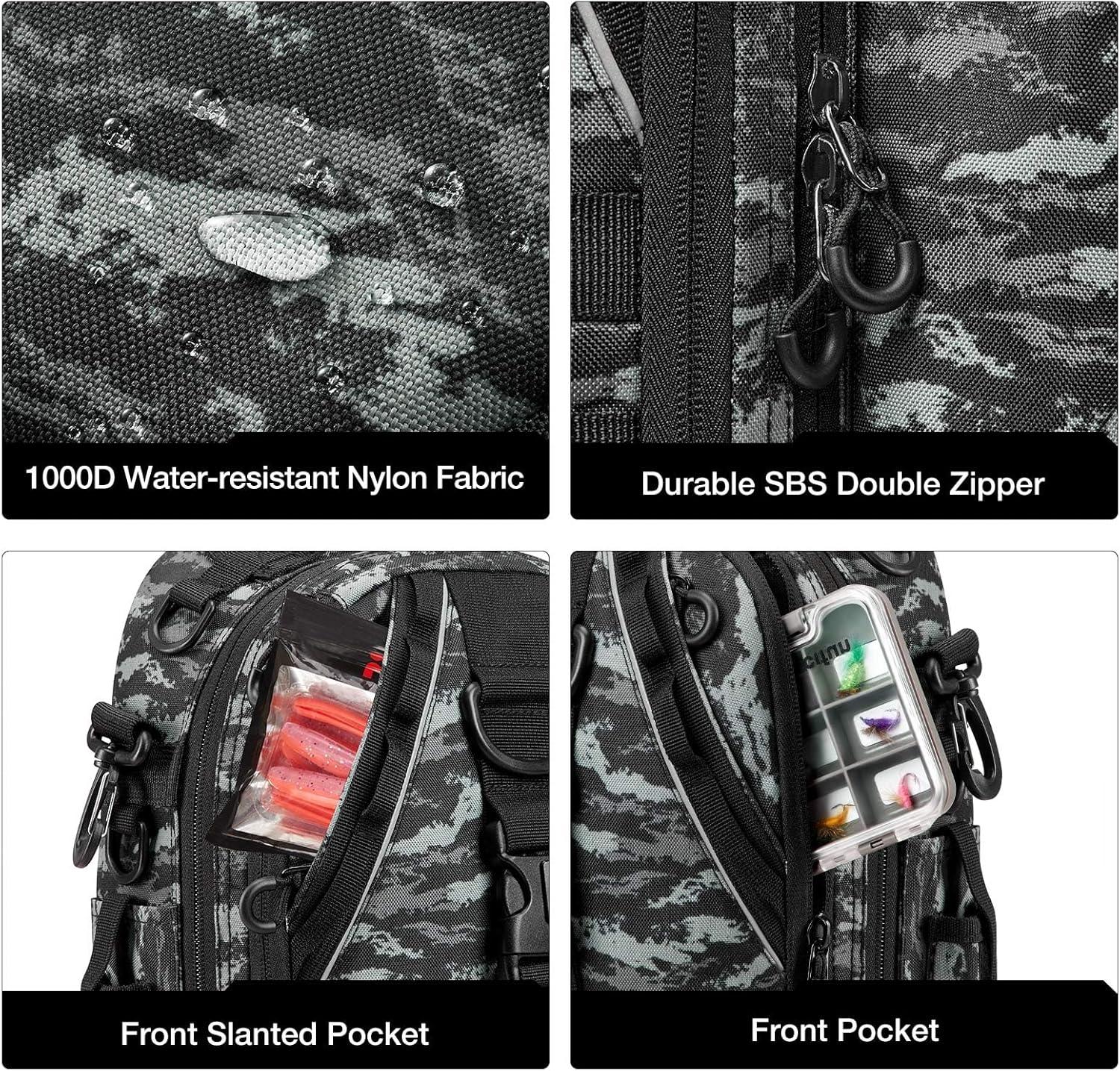 imagePiscifun Fishing Backpack with Rod Holder Lightweight Sling Bag Storge Gear and EquipmentDouble Shoulder Black Camouflage