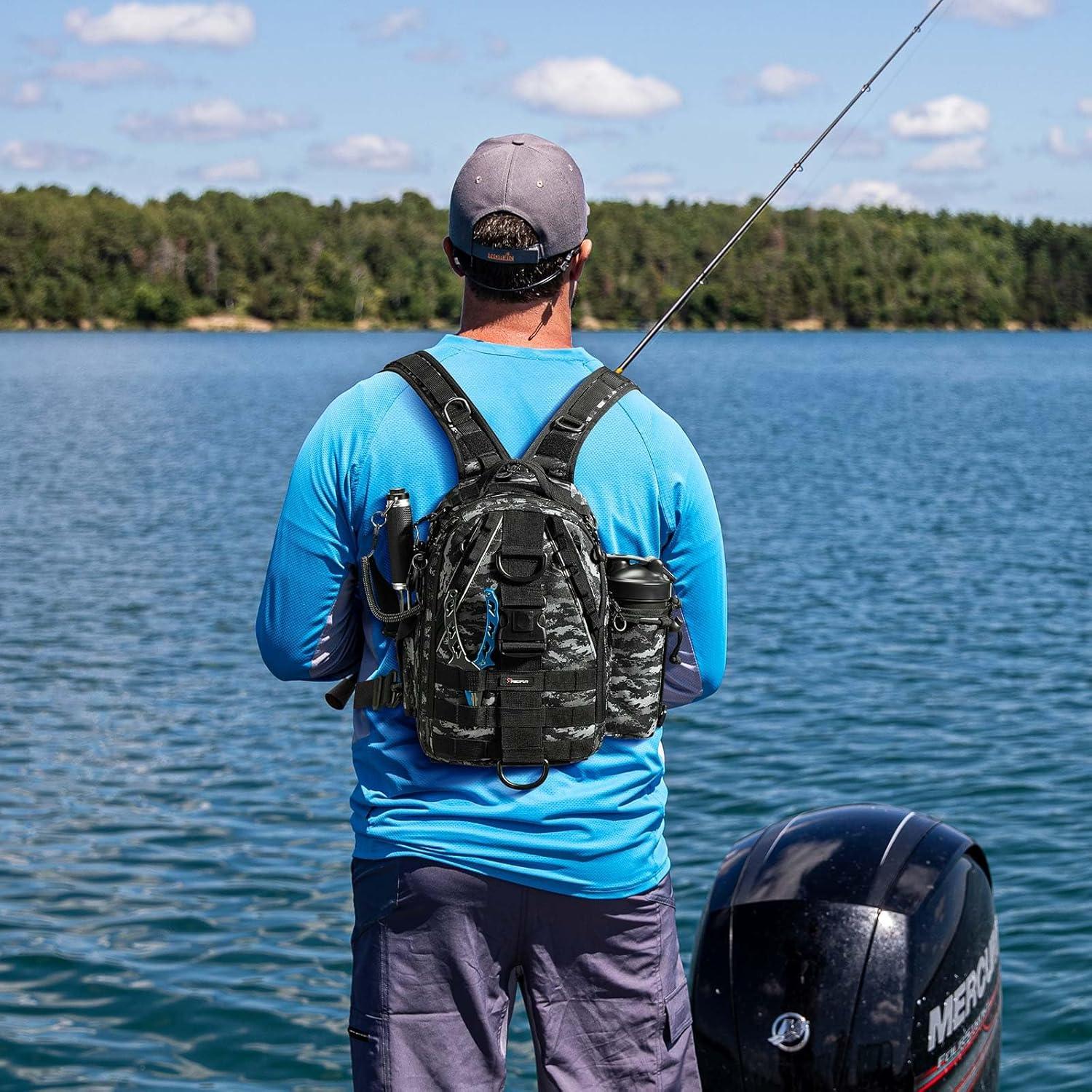 imagePiscifun Fishing Backpack with Rod Holder Lightweight Sling Bag Storge Gear and EquipmentDouble Shoulder Black Camouflage