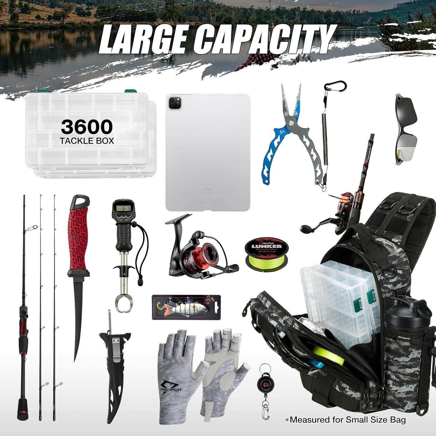 imagePiscifun Fishing Backpack with Rod Holder Lightweight Sling Bag Storge Gear and EquipmentDouble Shoulder Black Camouflage