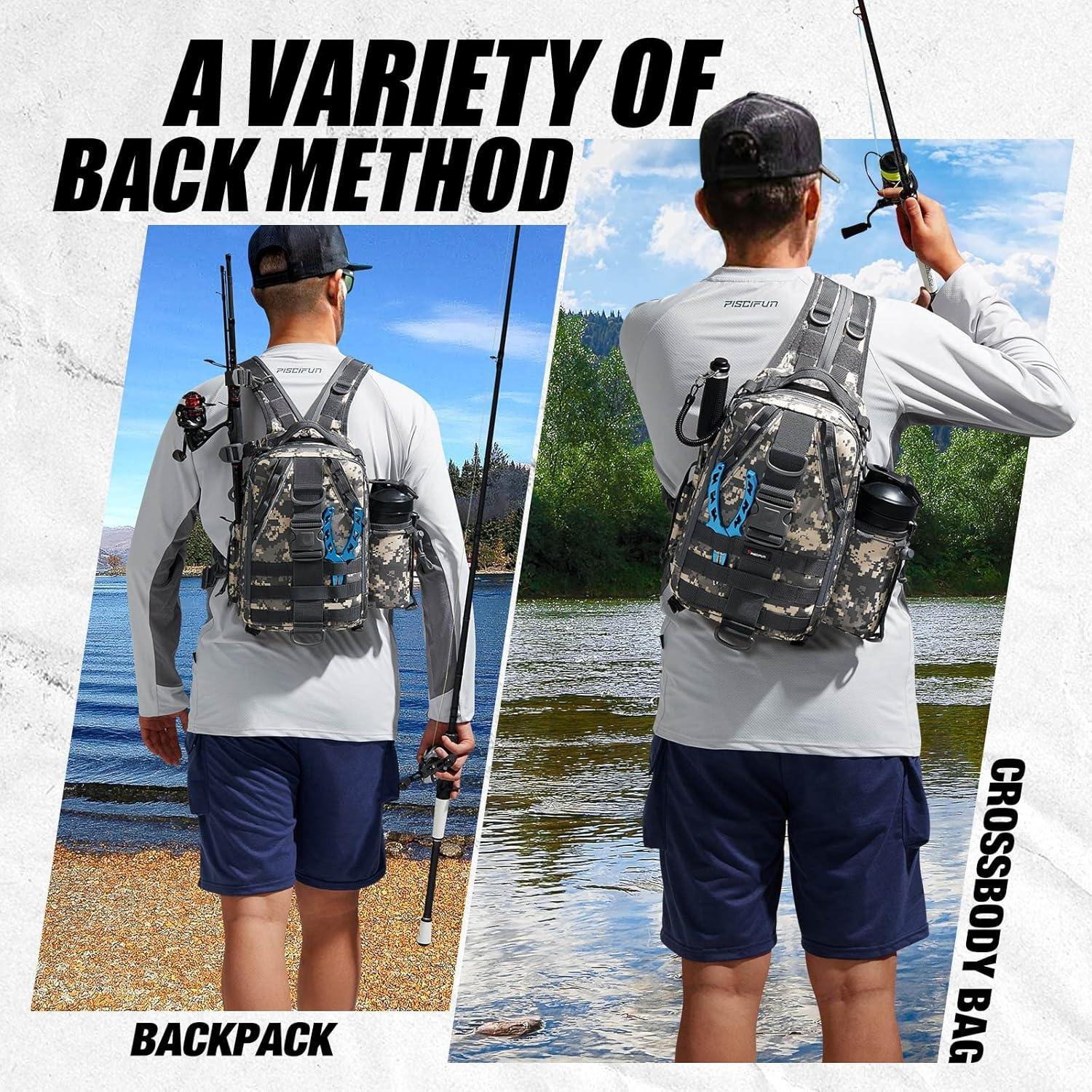 imagePiscifun Fishing Backpack with Rod Holder Lightweight Sling Bag Storge Gear and EquipmentDouble Shoulder Digital Camouflage