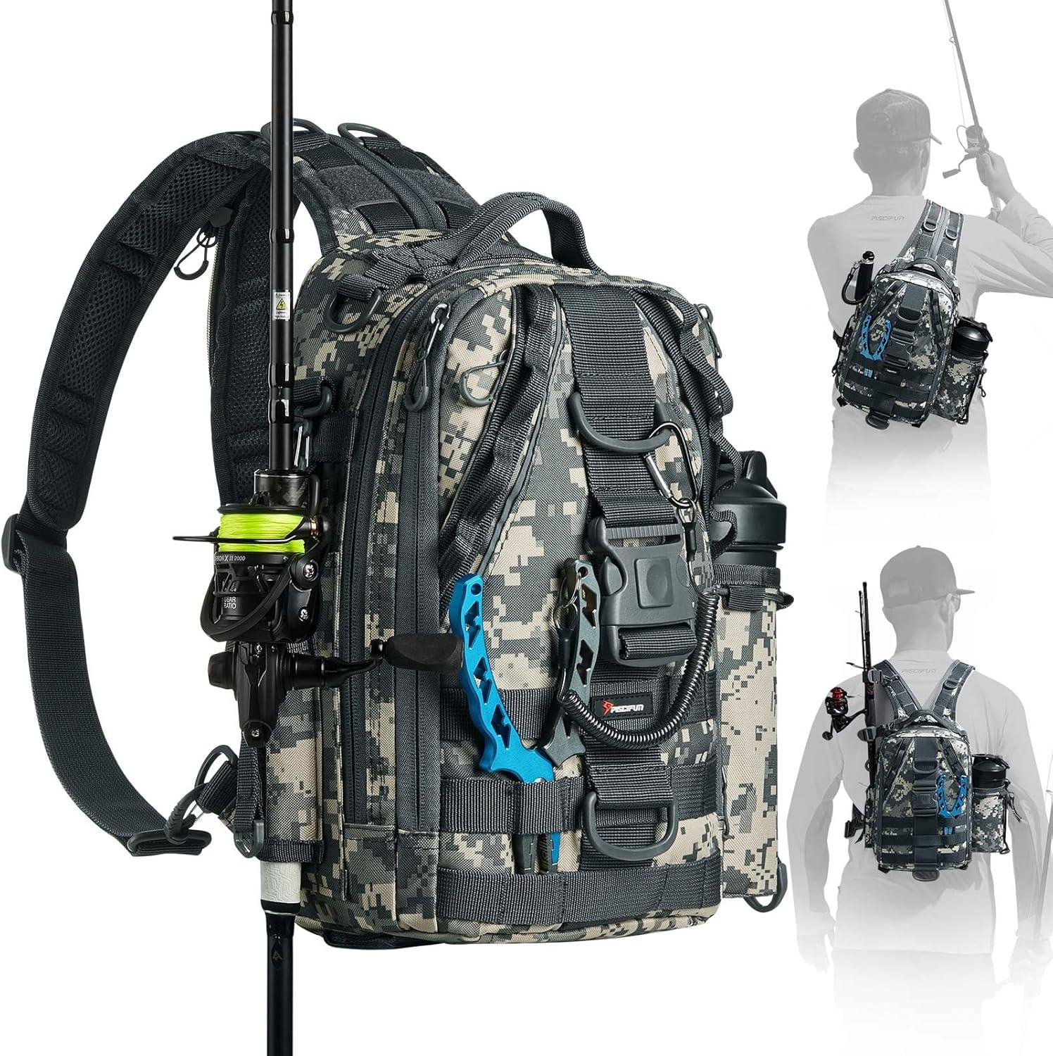 imagePiscifun Fishing Backpack with Rod Holder Lightweight Sling Bag Storge Gear and EquipmentDouble Shoulder Digital Camouflage