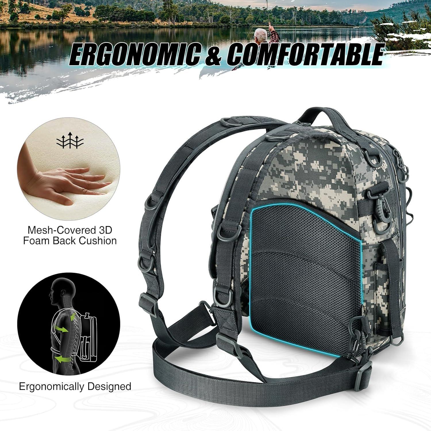 imagePiscifun Fishing Backpack with Rod Holder Lightweight Sling Bag Storge Gear and EquipmentDouble Shoulder Digital Camouflage