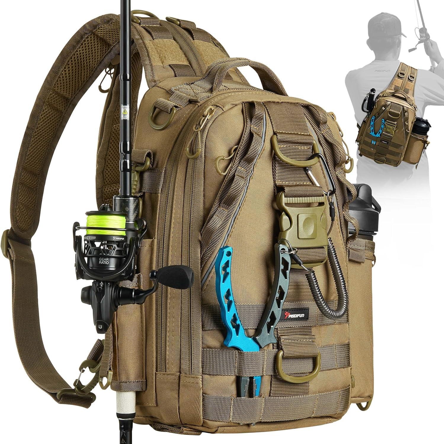 imagePiscifun Fishing Backpack with Rod Holder Lightweight Sling Bag Storge Gear and EquipmentDouble Shoulder Khaki