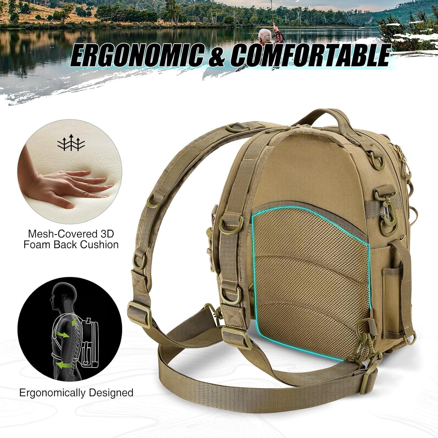 imagePiscifun Fishing Backpack with Rod Holder Lightweight Sling Bag Storge Gear and EquipmentDouble Shoulder Khaki