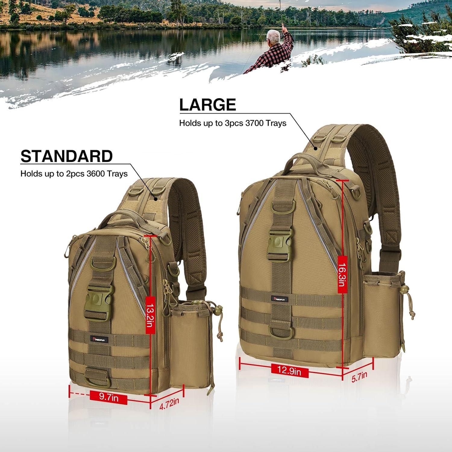 imagePiscifun Fishing Backpack with Rod Holder Lightweight Sling Bag Storge Gear and EquipmentDouble Shoulder Khaki