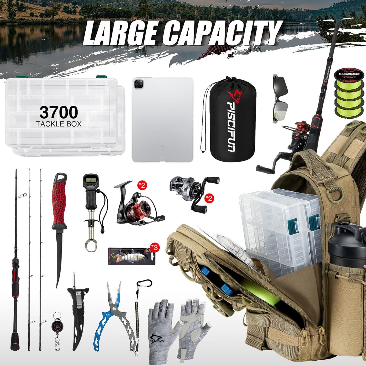 imagePiscifun Fishing Backpack with Rod Holder Lightweight Sling Bag Storge Gear and EquipmentDouble Shoulder Khaki