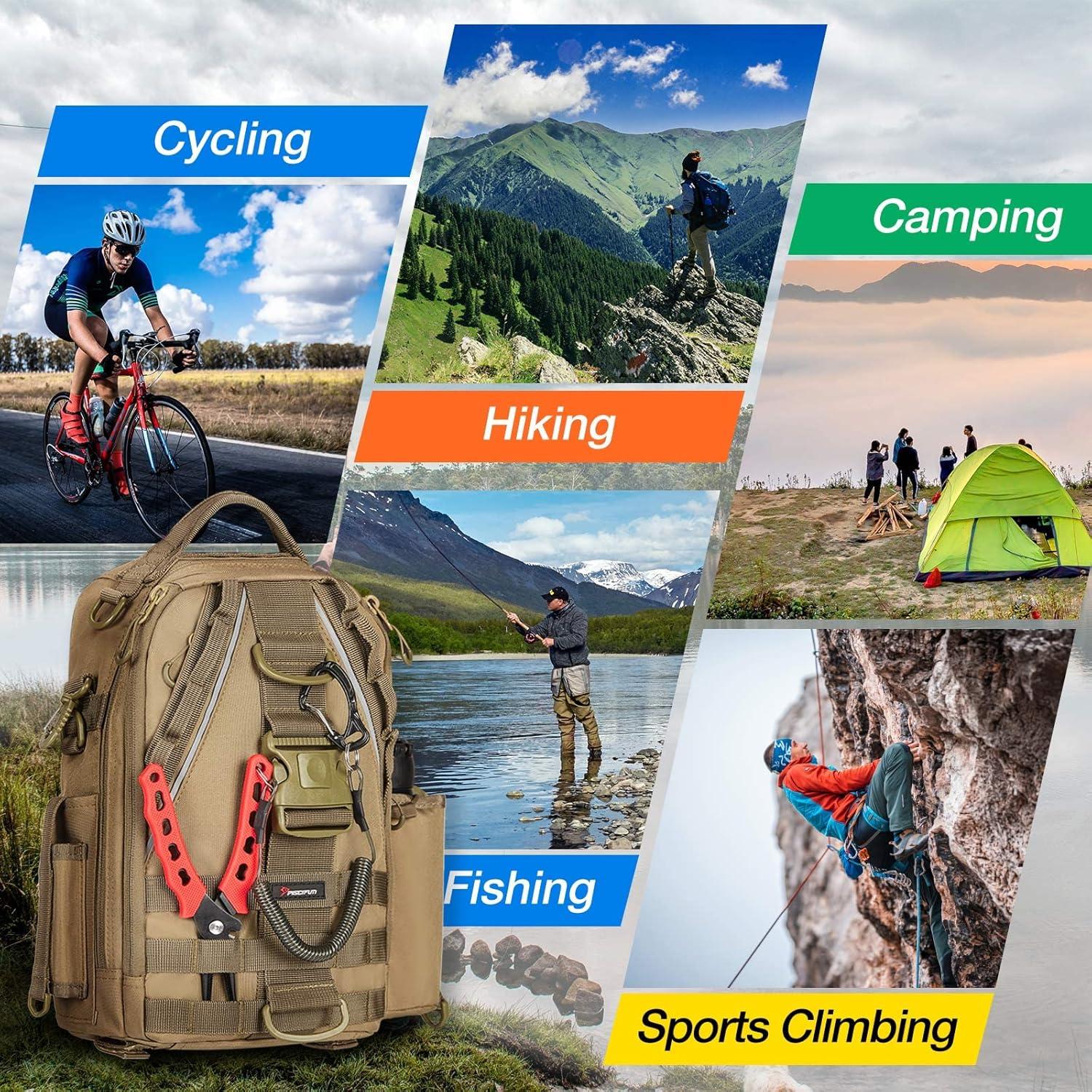 imagePiscifun Fishing Backpack with Rod Holder Lightweight Sling Bag Storge Gear and EquipmentDouble Shoulder Khaki