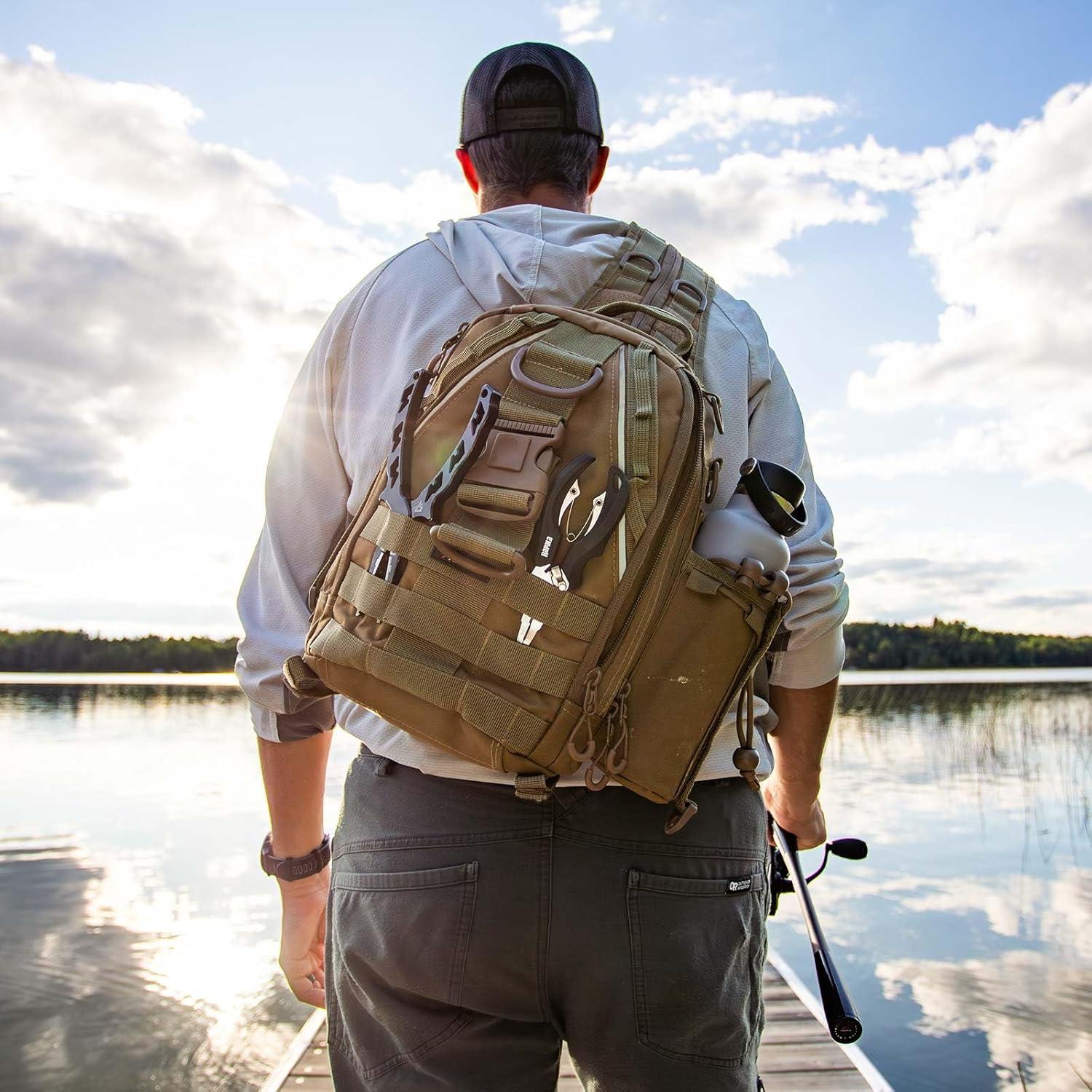 imagePiscifun Fishing Backpack with Rod Holder Lightweight Sling Bag Storge Gear and EquipmentDouble Shoulder Khaki