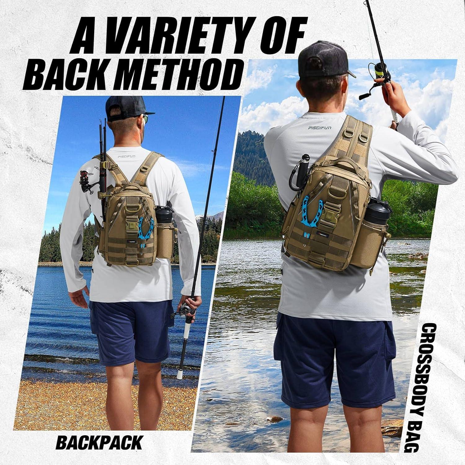 imagePiscifun Fishing Backpack with Rod Holder Lightweight Sling Bag Storge Gear and EquipmentDouble Shoulder Khaki