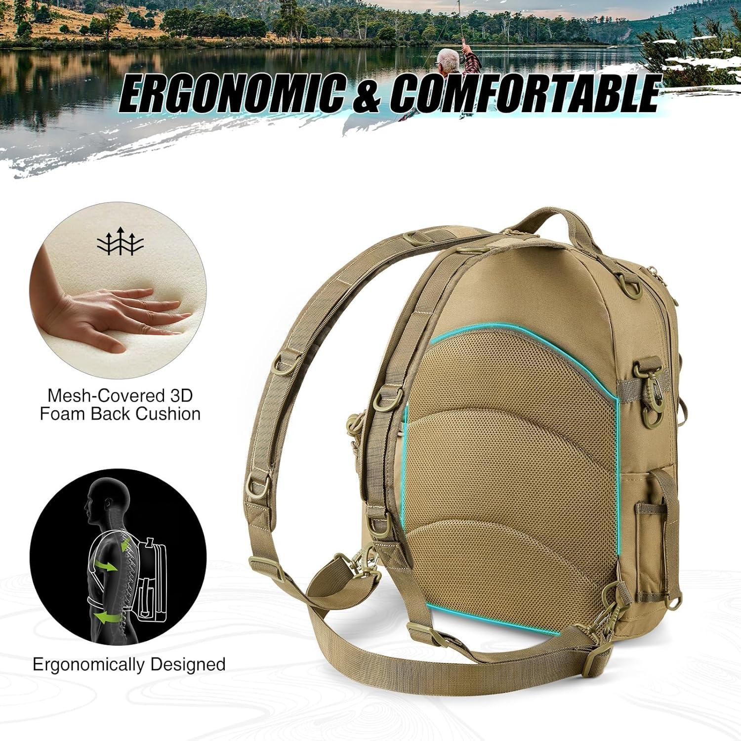 imagePiscifun Fishing Backpack with Rod Holder Lightweight Sling Bag Storge Gear and EquipmentDouble Shoulder Khaki