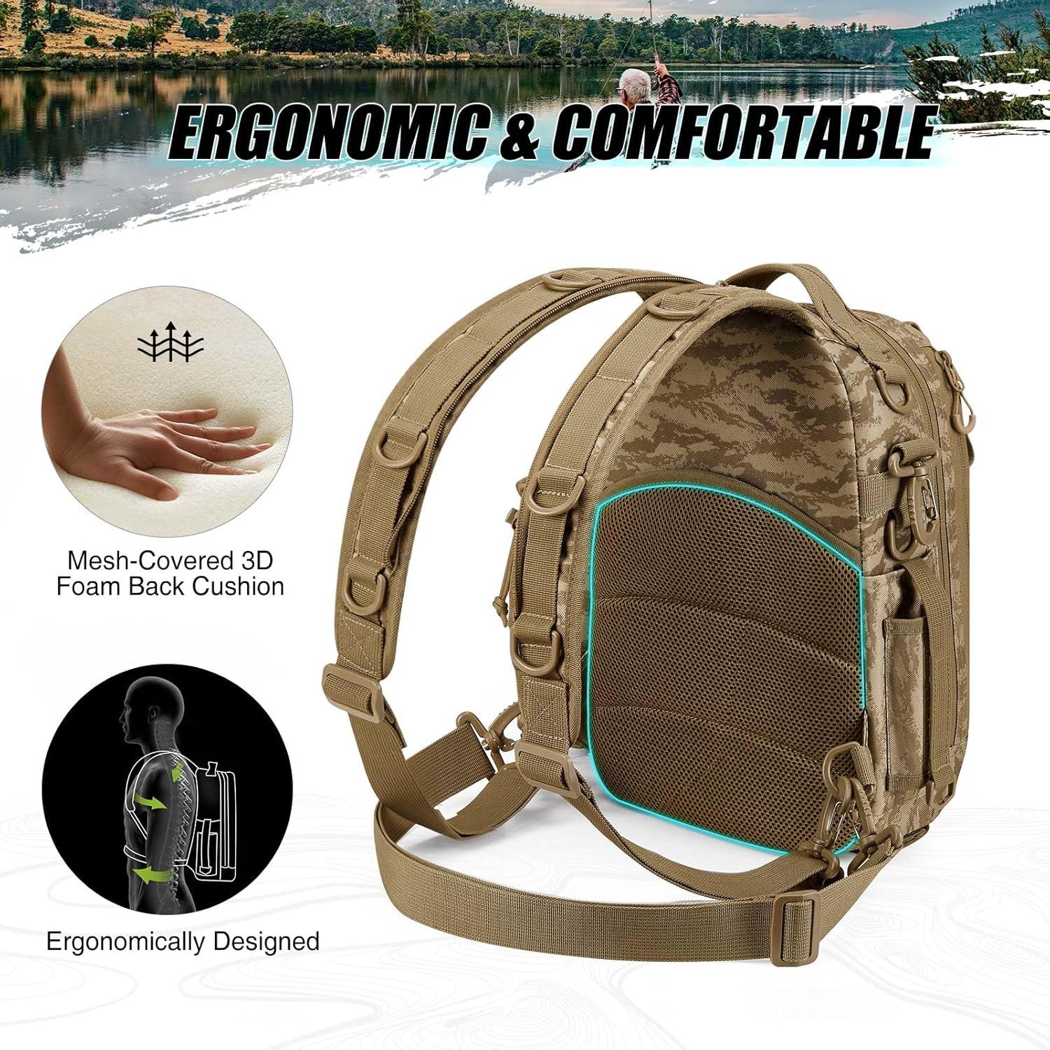 imagePiscifun Fishing Backpack with Rod Holder Lightweight Sling Bag Storge Gear and EquipmentDouble Shoulder Khaki Camouflage