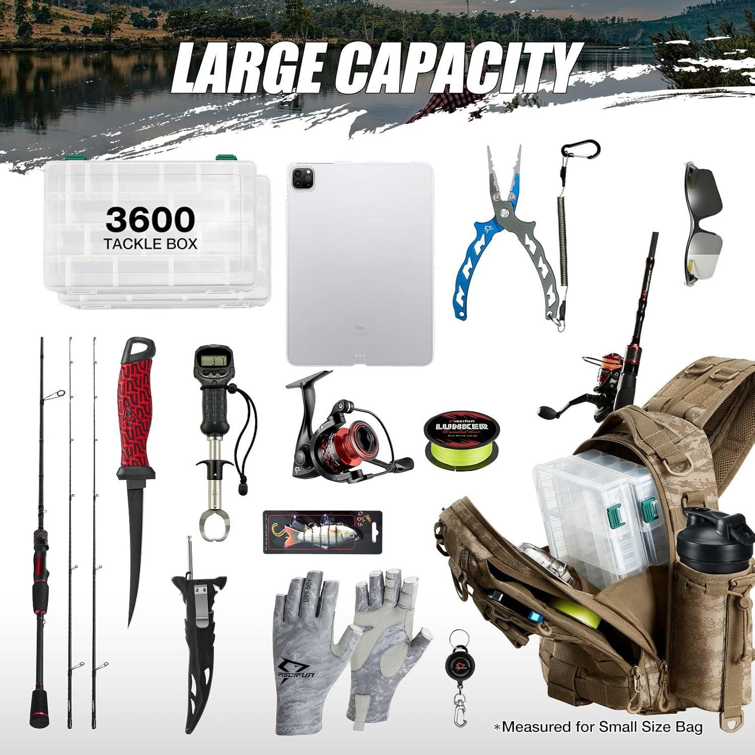 imagePiscifun Fishing Backpack with Rod Holder Lightweight Sling Bag Storge Gear and EquipmentDouble Shoulder Khaki Camouflage