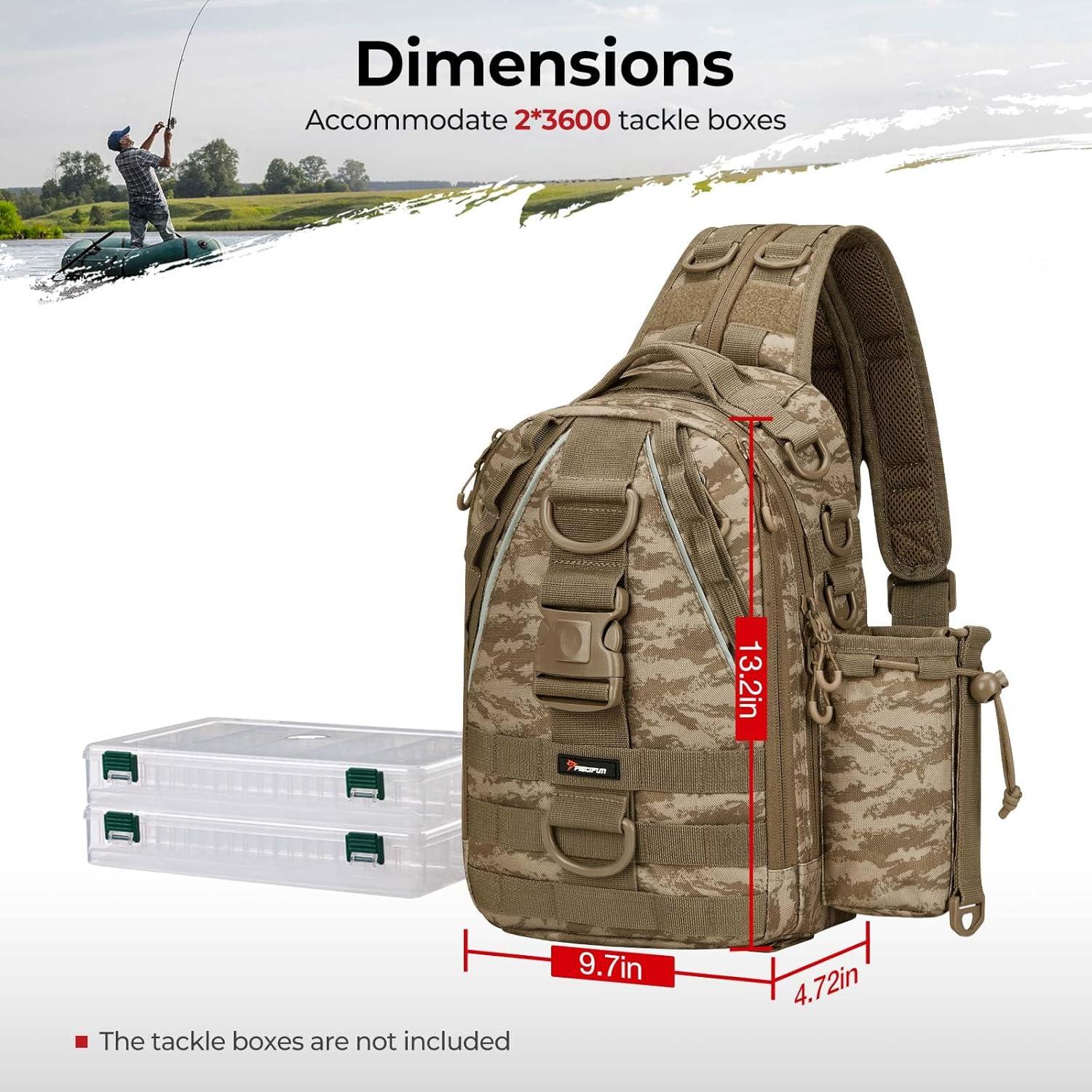 imagePiscifun Fishing Backpack with Rod Holder Lightweight Sling Bag Storge Gear and EquipmentDouble Shoulder Khaki Camouflage