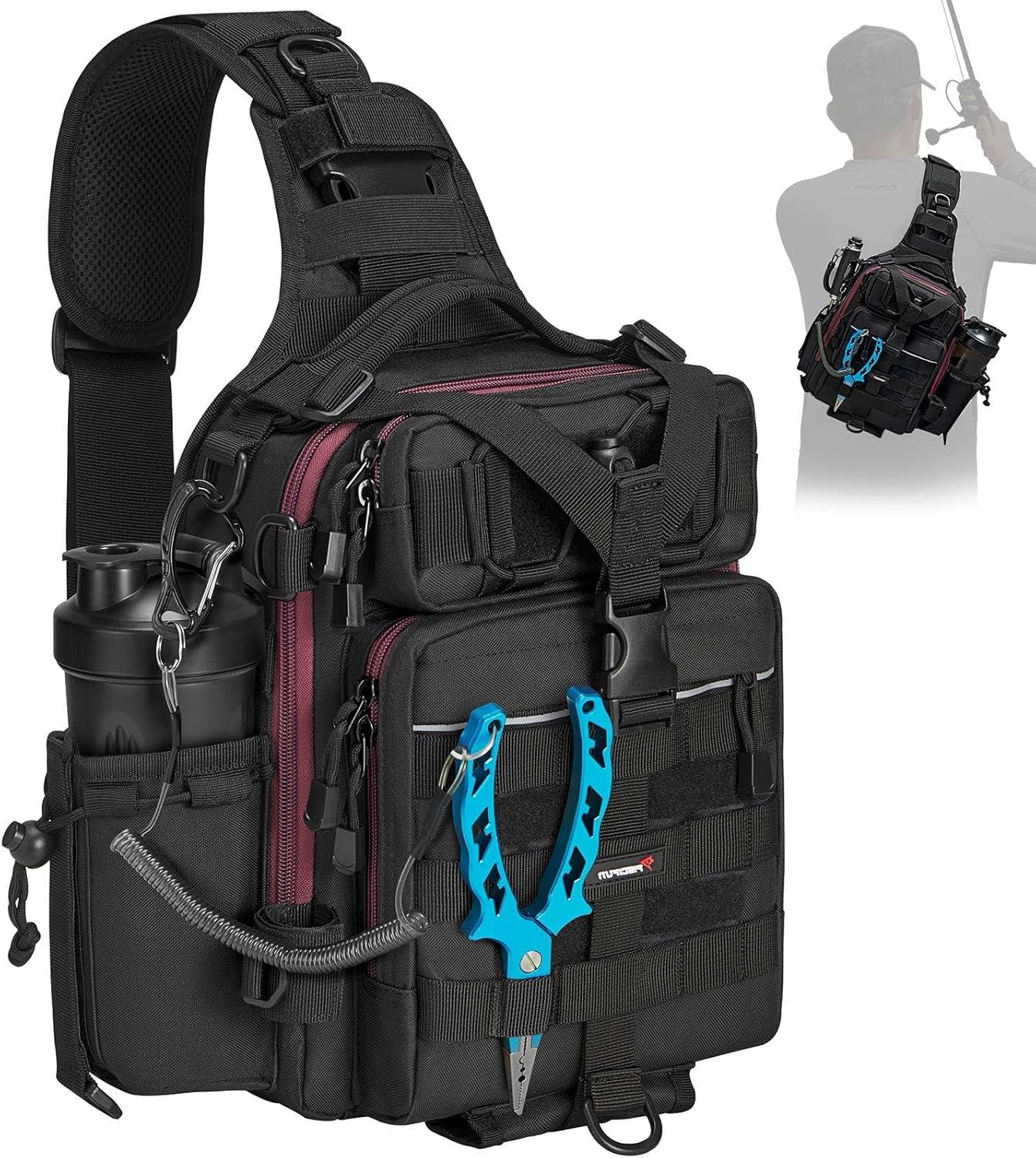 imagePiscifun Fishing Backpack with Rod Holder Lightweight Sling Bag Storge Gear and EquipmentSingle Shoulder Black