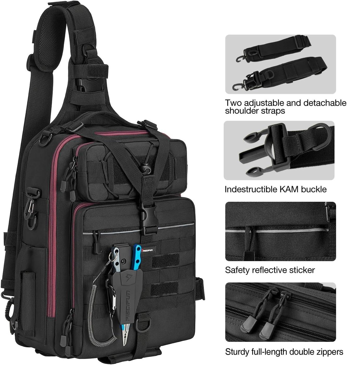 imagePiscifun Fishing Backpack with Rod Holder Lightweight Sling Bag Storge Gear and EquipmentSingle Shoulder Black