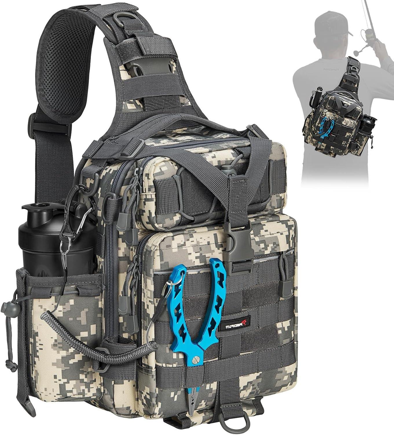 imagePiscifun Fishing Backpack with Rod Holder Lightweight Sling Bag Storge Gear and EquipmentSingle Shoulder Digital Camouflage