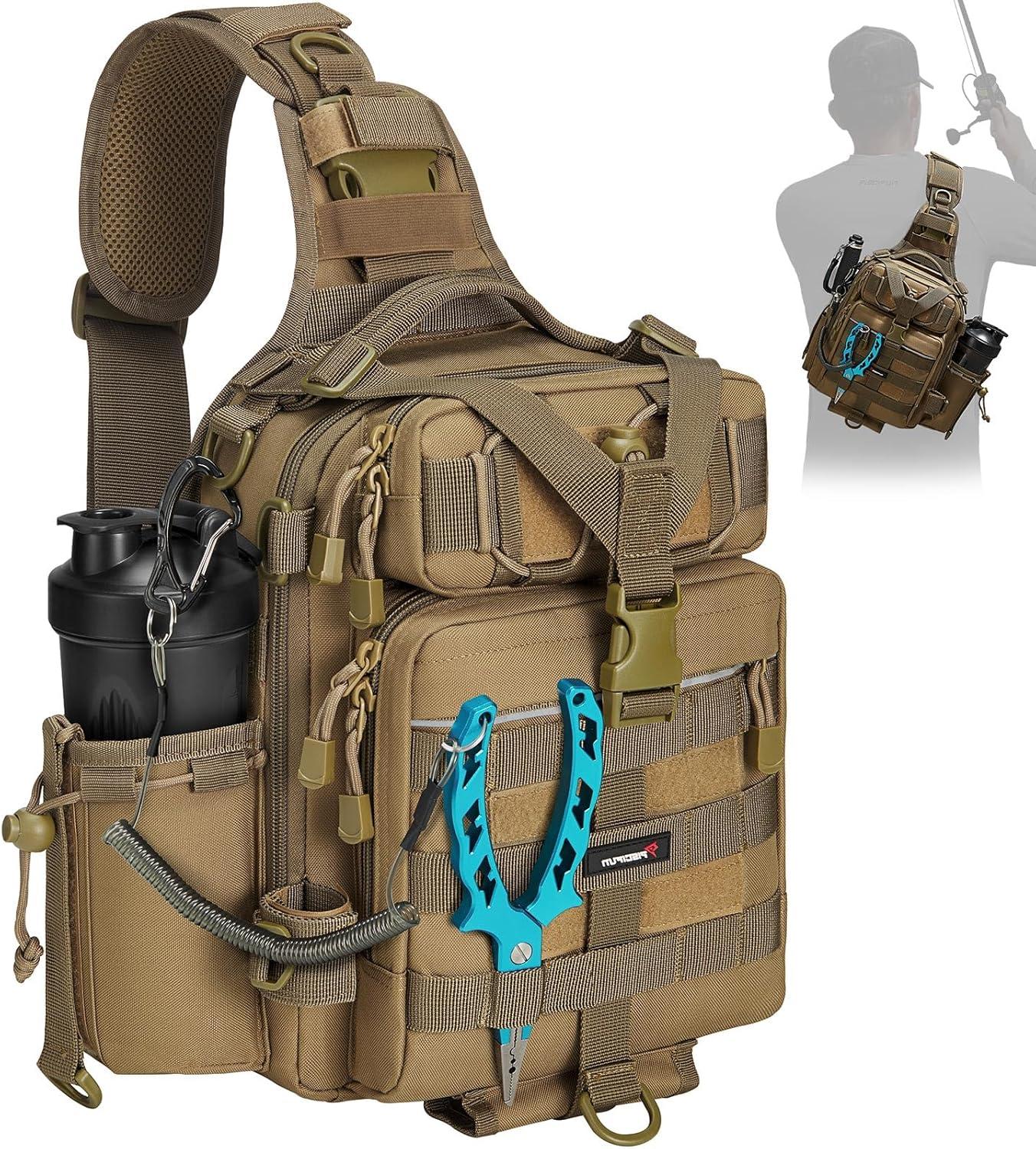imagePiscifun Fishing Backpack with Rod Holder Lightweight Sling Bag Storge Gear and EquipmentSingle Shoulder Khaki