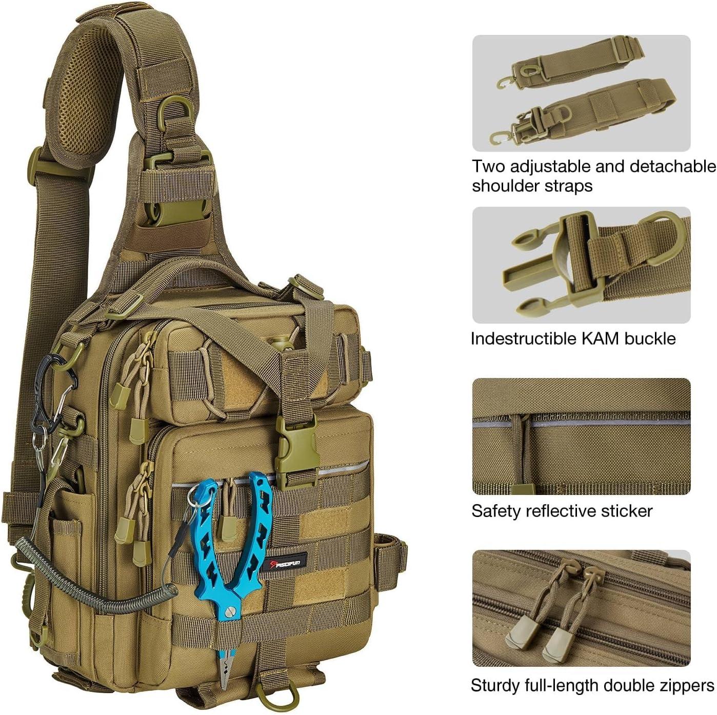 imagePiscifun Fishing Backpack with Rod Holder Lightweight Sling Bag Storge Gear and EquipmentSingle Shoulder Khaki