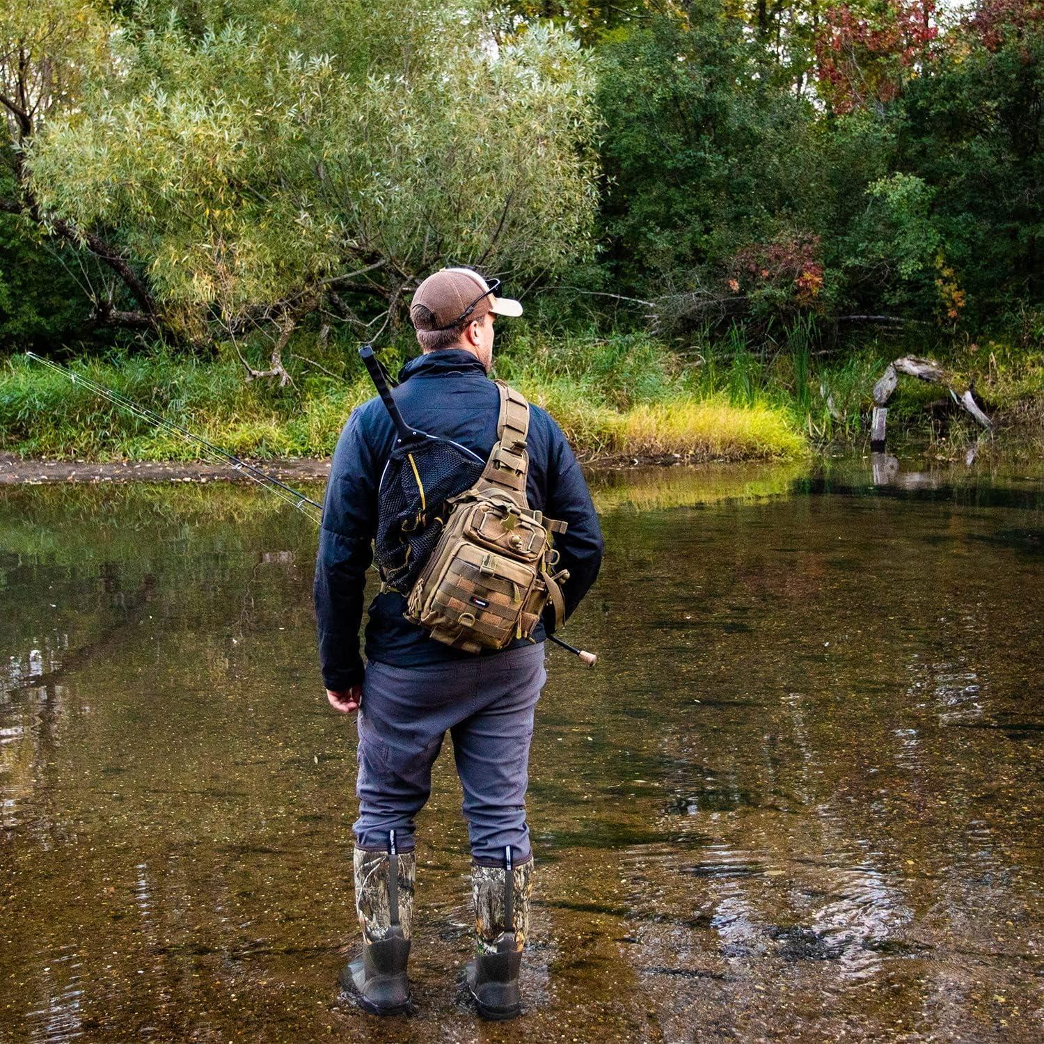 imagePiscifun Fishing Backpack with Rod Holder Lightweight Sling Bag Storge Gear and EquipmentSingle Shoulder Khaki