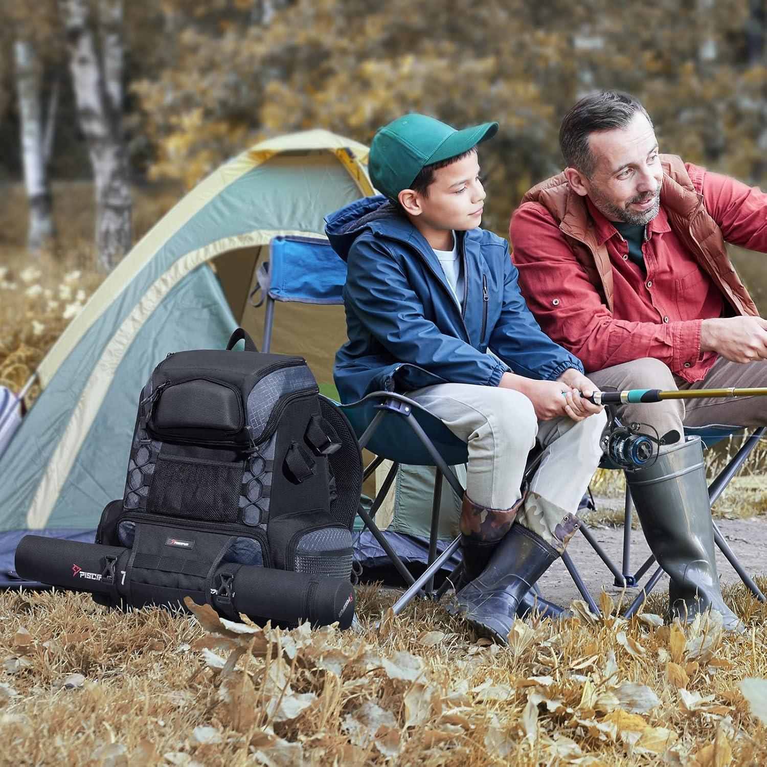 imagePiscifun Fishing Tackle Backpack with Rod Holders ampamp 4 Tackle Boxes 42L Outdoor Fishing Bag with Waterproof Rain CoverBlack