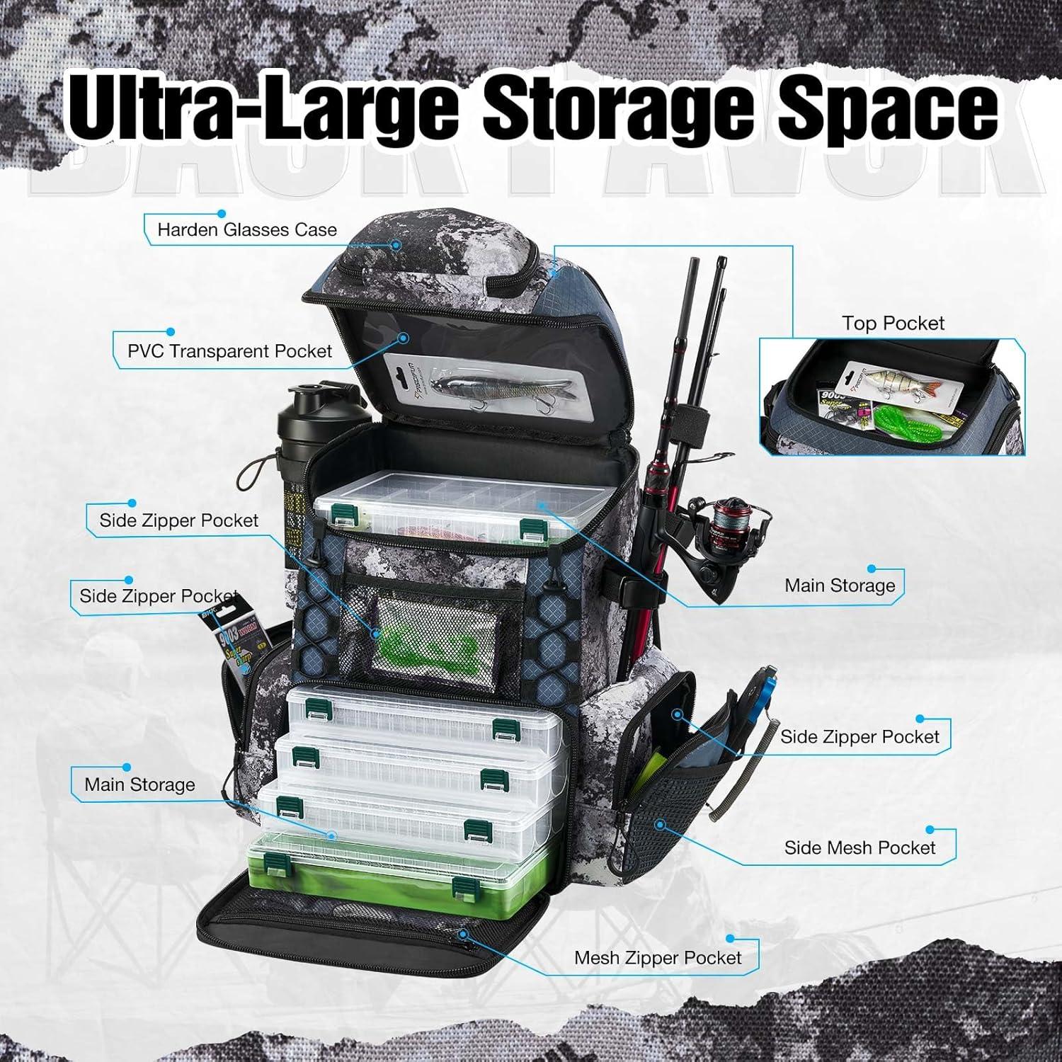 imagePiscifun Fishing Tackle Backpack with Rod Holders ampamp 4 Tackle Boxes 42L Outdoor Fishing Bag with Waterproof Rain CoverVeil Camouflage