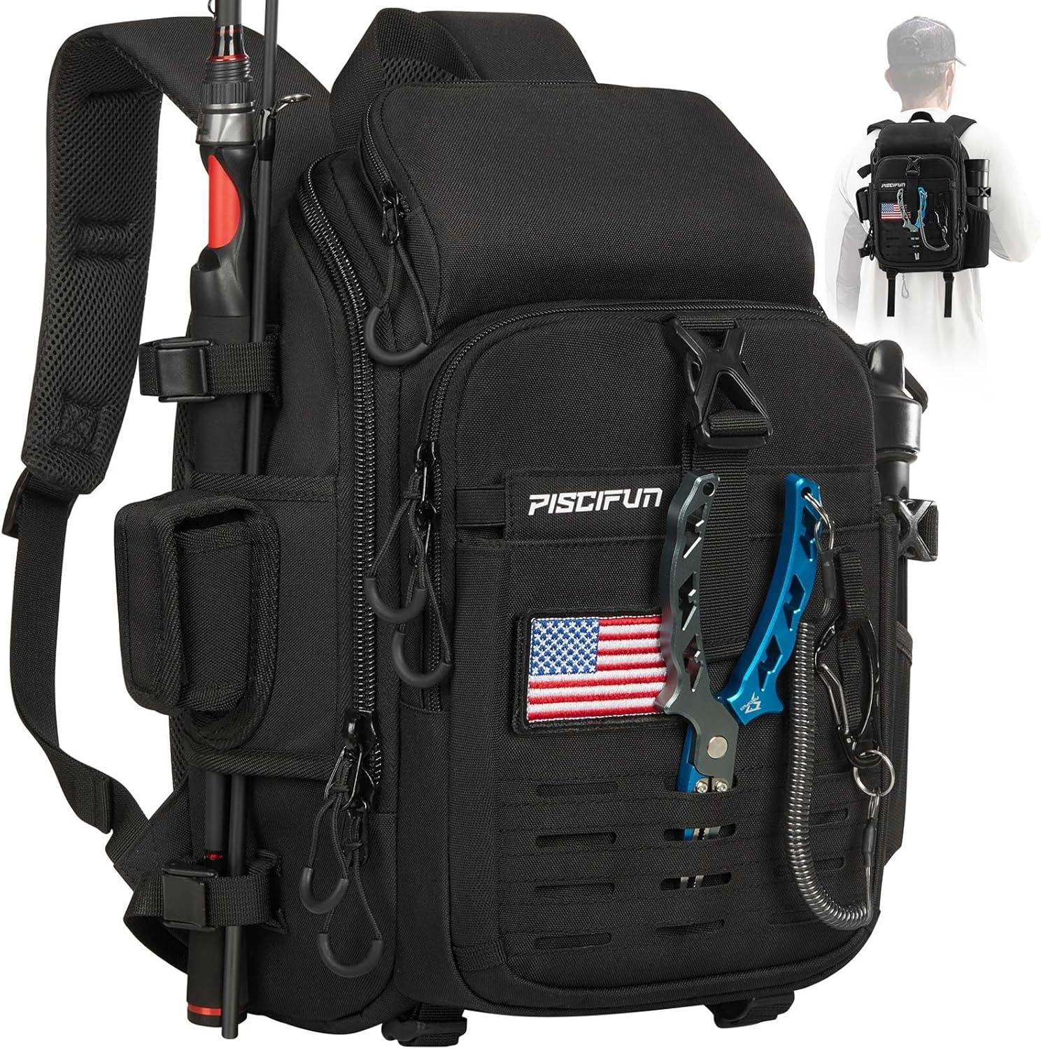 imagePiscifun Fishing Tackle Backpack with Rod ampamp Gear Holder Lightweight Fishing Tackle Storage Bag with Protective Rain CoverBlack