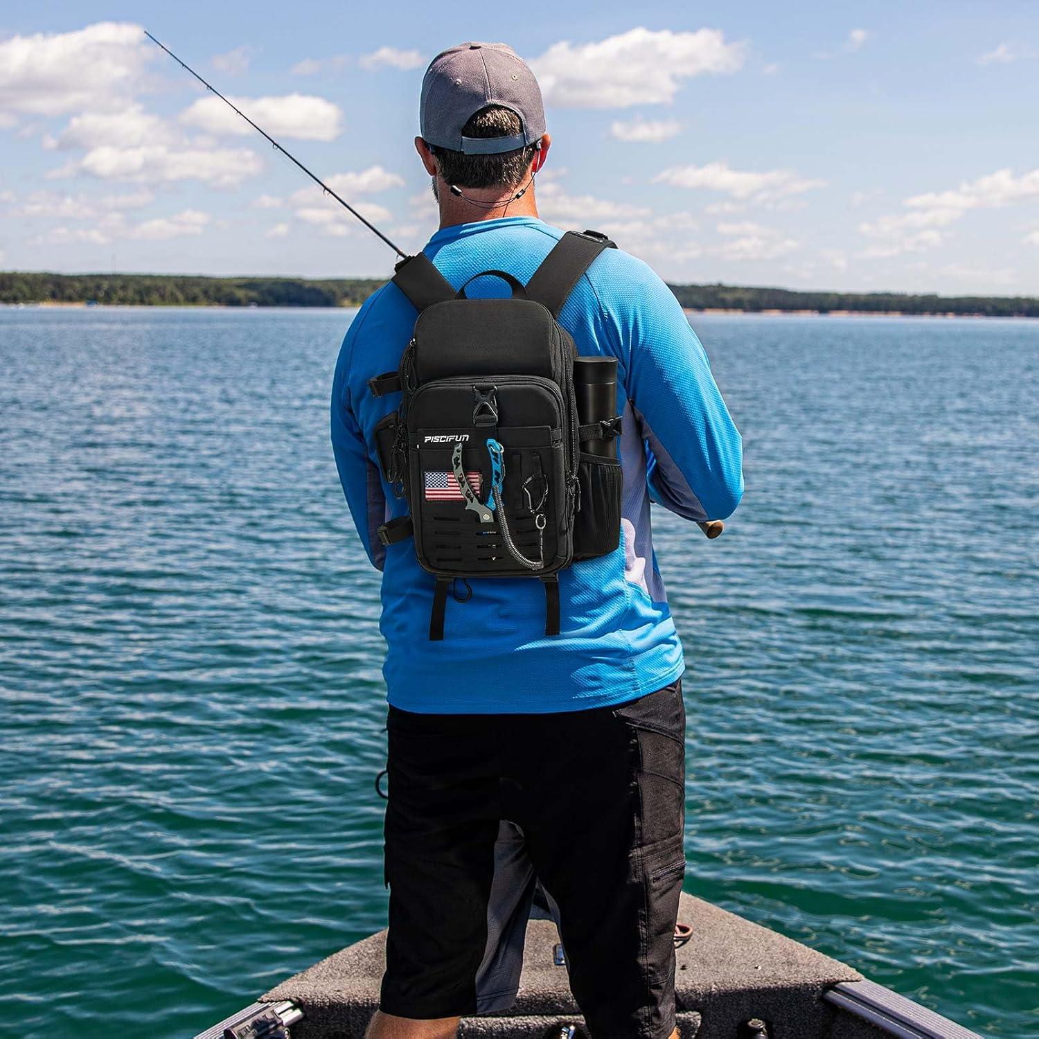 imagePiscifun Fishing Tackle Backpack with Rod ampamp Gear Holder Lightweight Fishing Tackle Storage Bag with Protective Rain CoverBlack