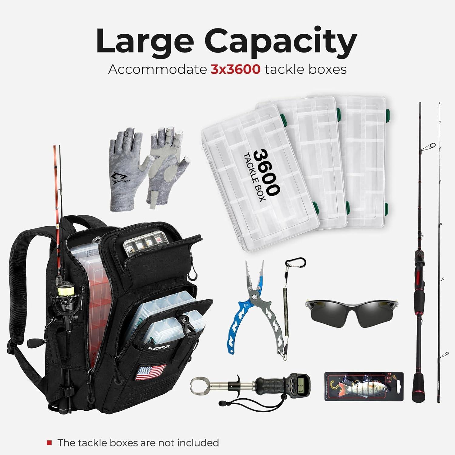 imagePiscifun Fishing Tackle Backpack with Rod ampamp Gear Holder Lightweight Fishing Tackle Storage Bag with Protective Rain CoverBlack