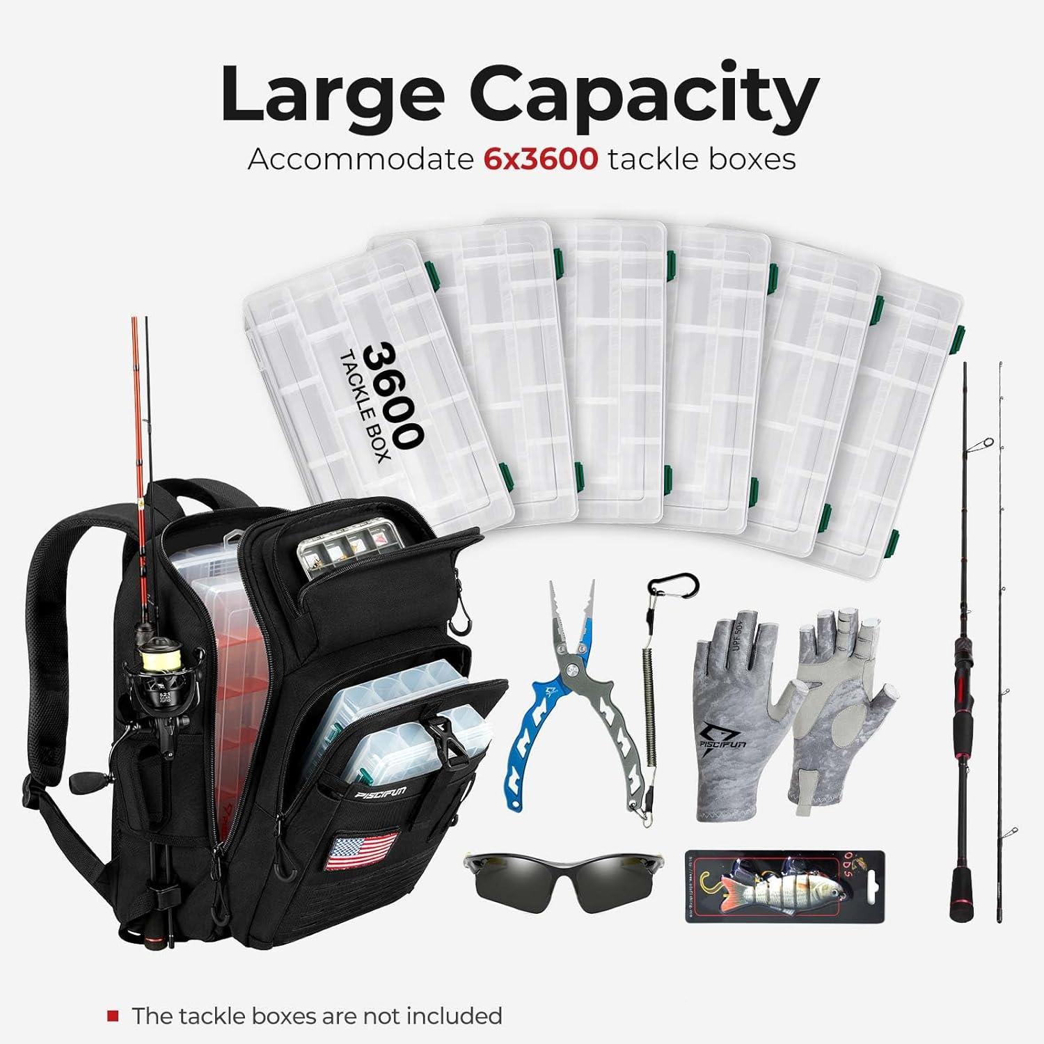 imagePiscifun Fishing Tackle Backpack with Rod ampamp Gear Holder Lightweight Fishing Tackle Storage Bag with Protective Rain CoverBlack